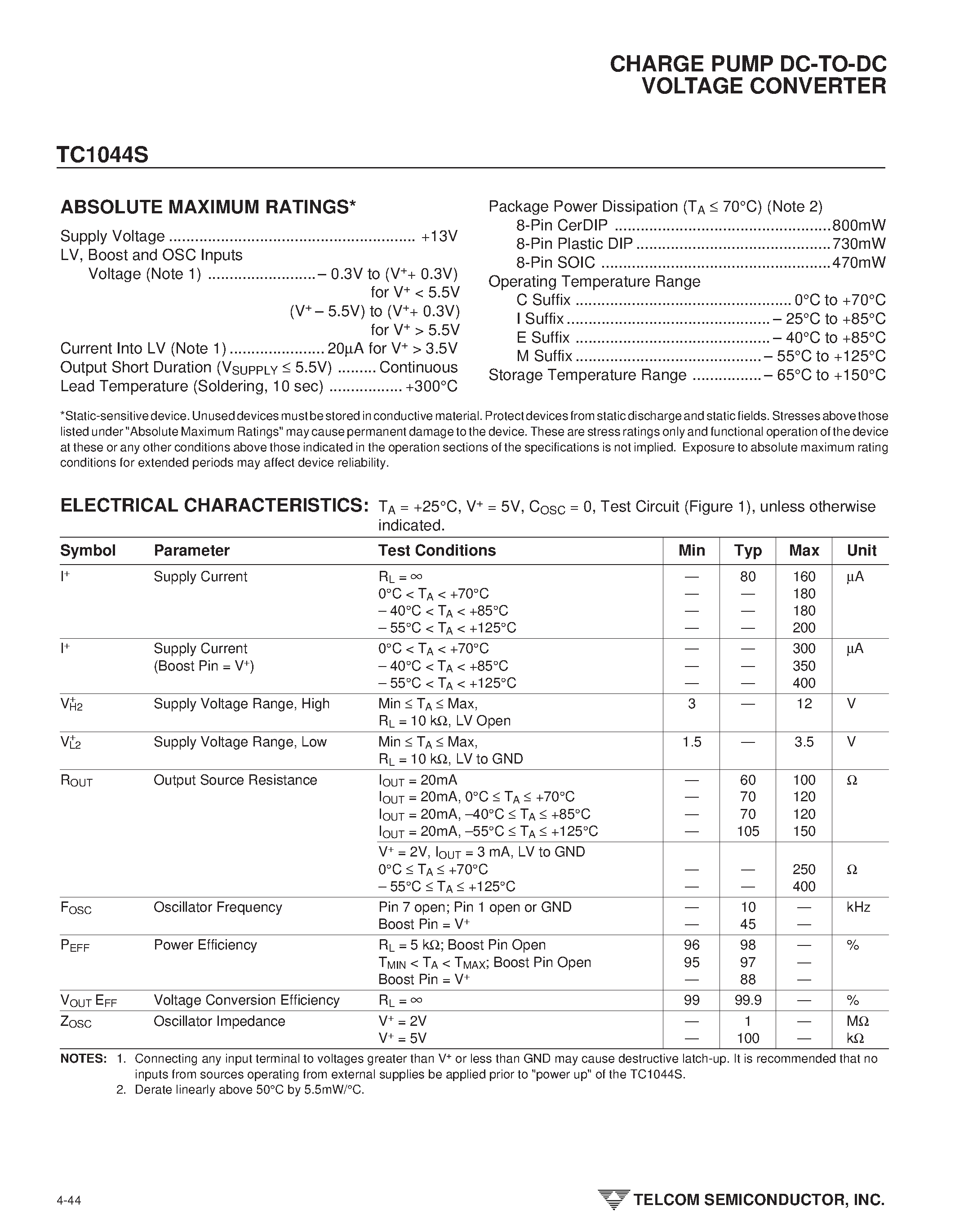 Datasheet TC1044S page 2 Datasheet TC1044S - CHARGE PUMP DC-TO-DC VOLTAGE CONVERTER page 2