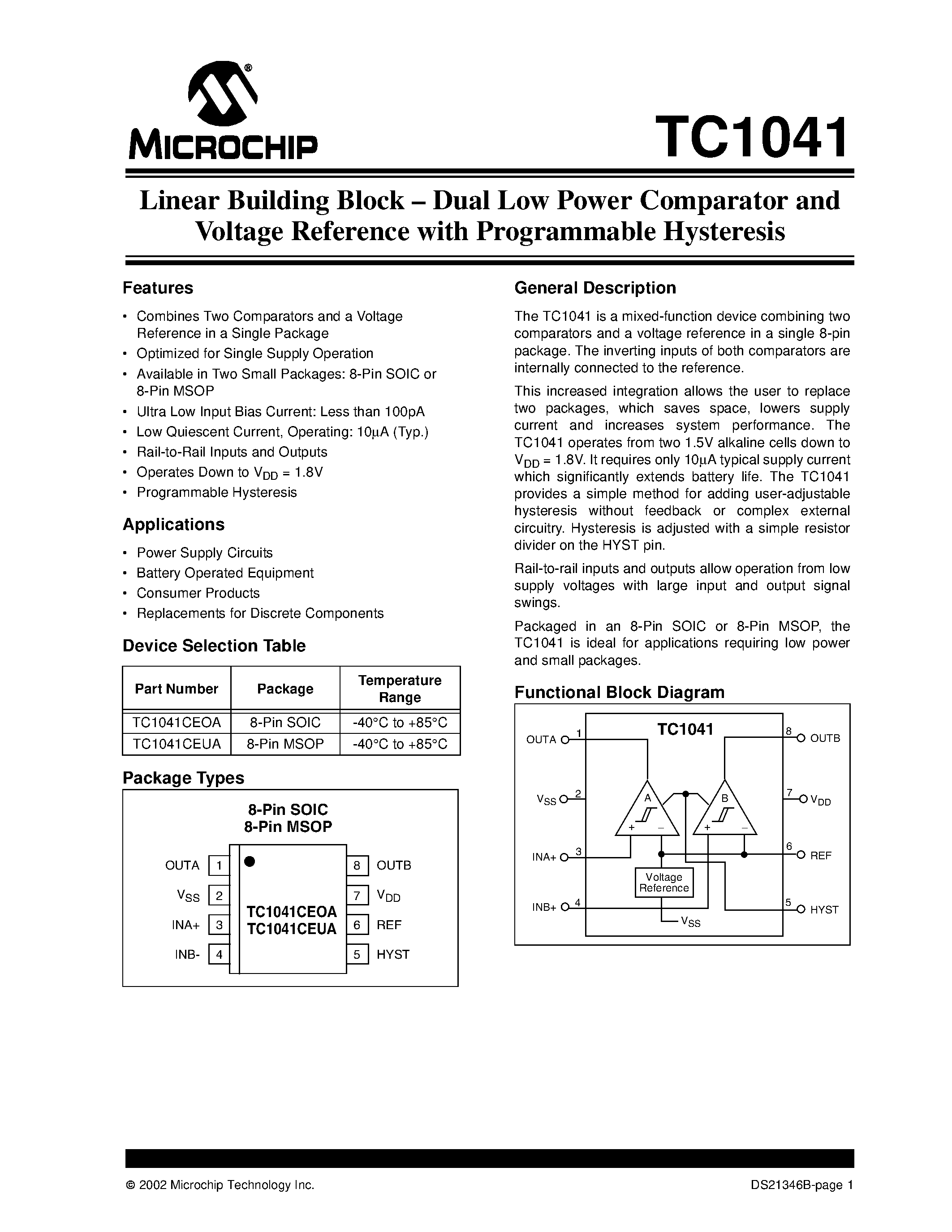 Datasheet TC1041 page 1 Datasheet TC1041 - Dual Low Power Comparator and Voltage Reference page 1
