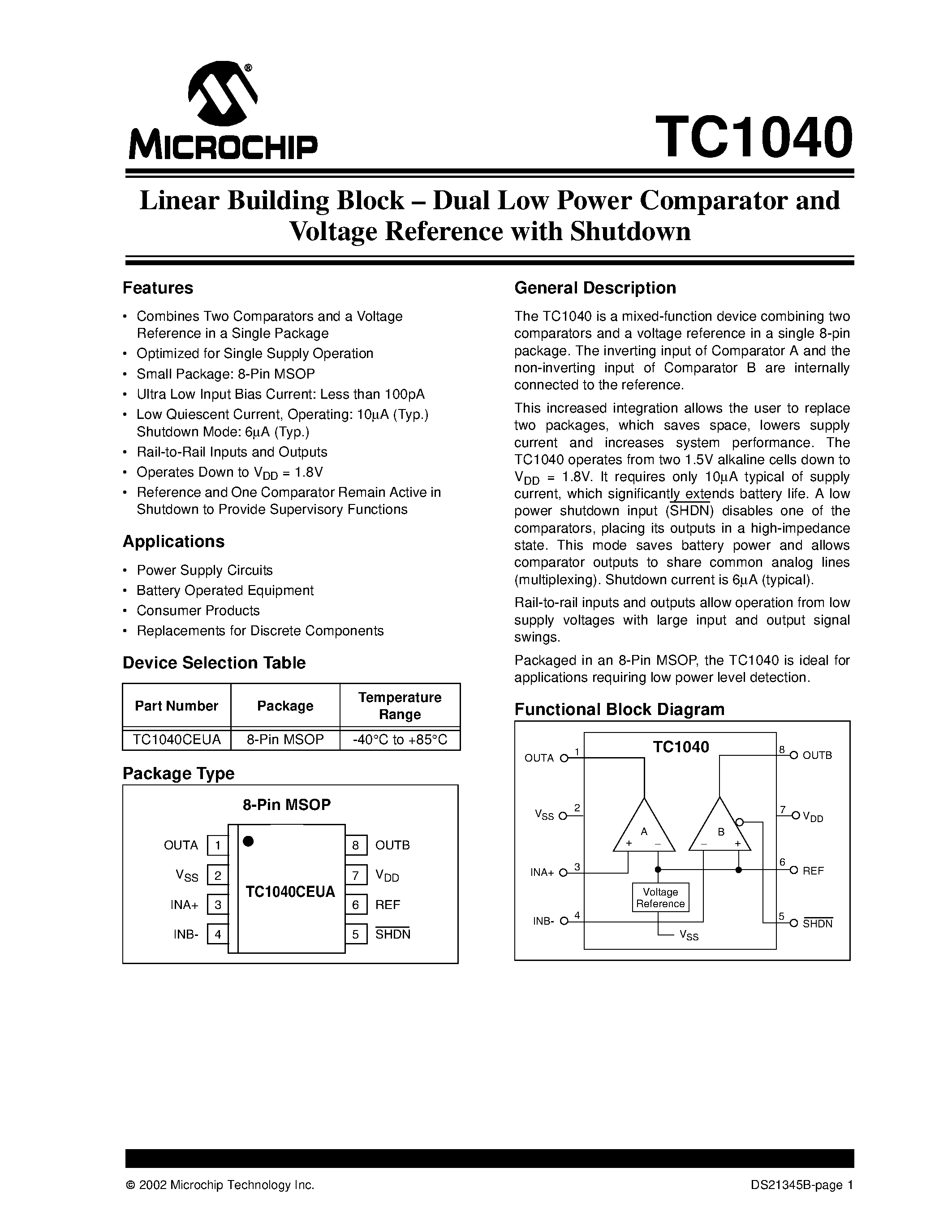 Даташит TC1040 - Dual Low Power Comparator and Voltage Reference страница 1