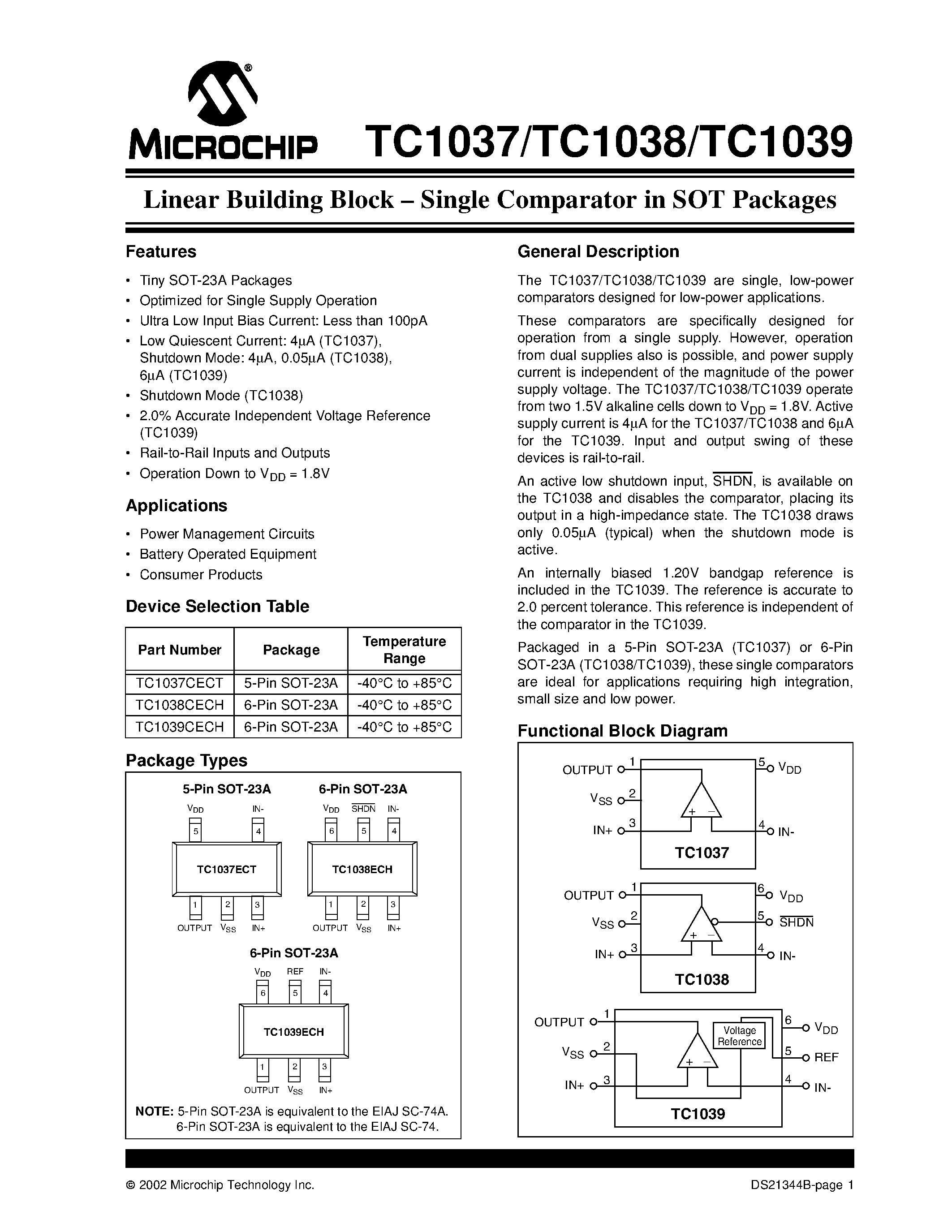 Datasheet TC1037 page 1 Datasheet TC1037 - Single Comparator in SOT Packages page 1