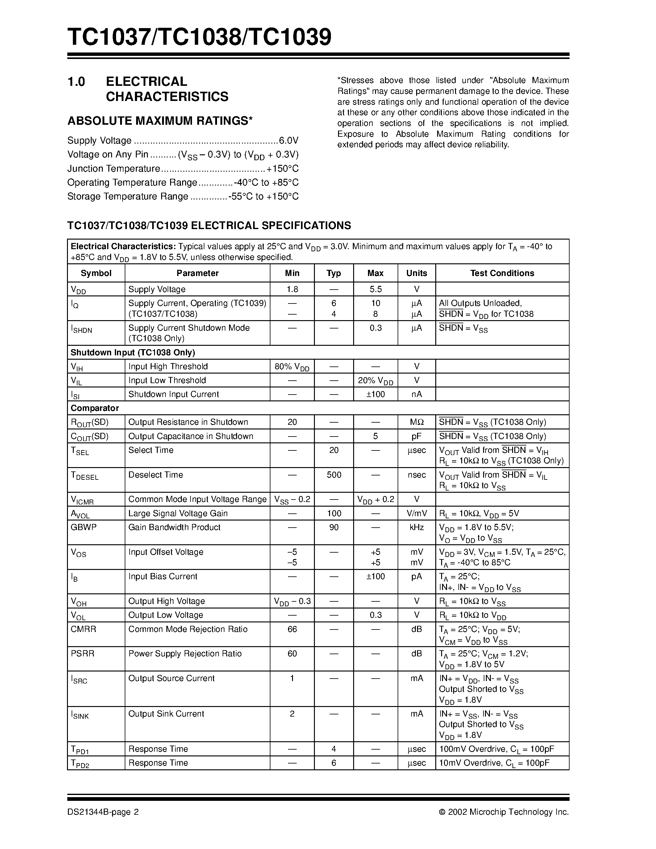 Datasheet TC1037 page 2 Datasheet TC1037 - Single Comparator in SOT Packages page 2