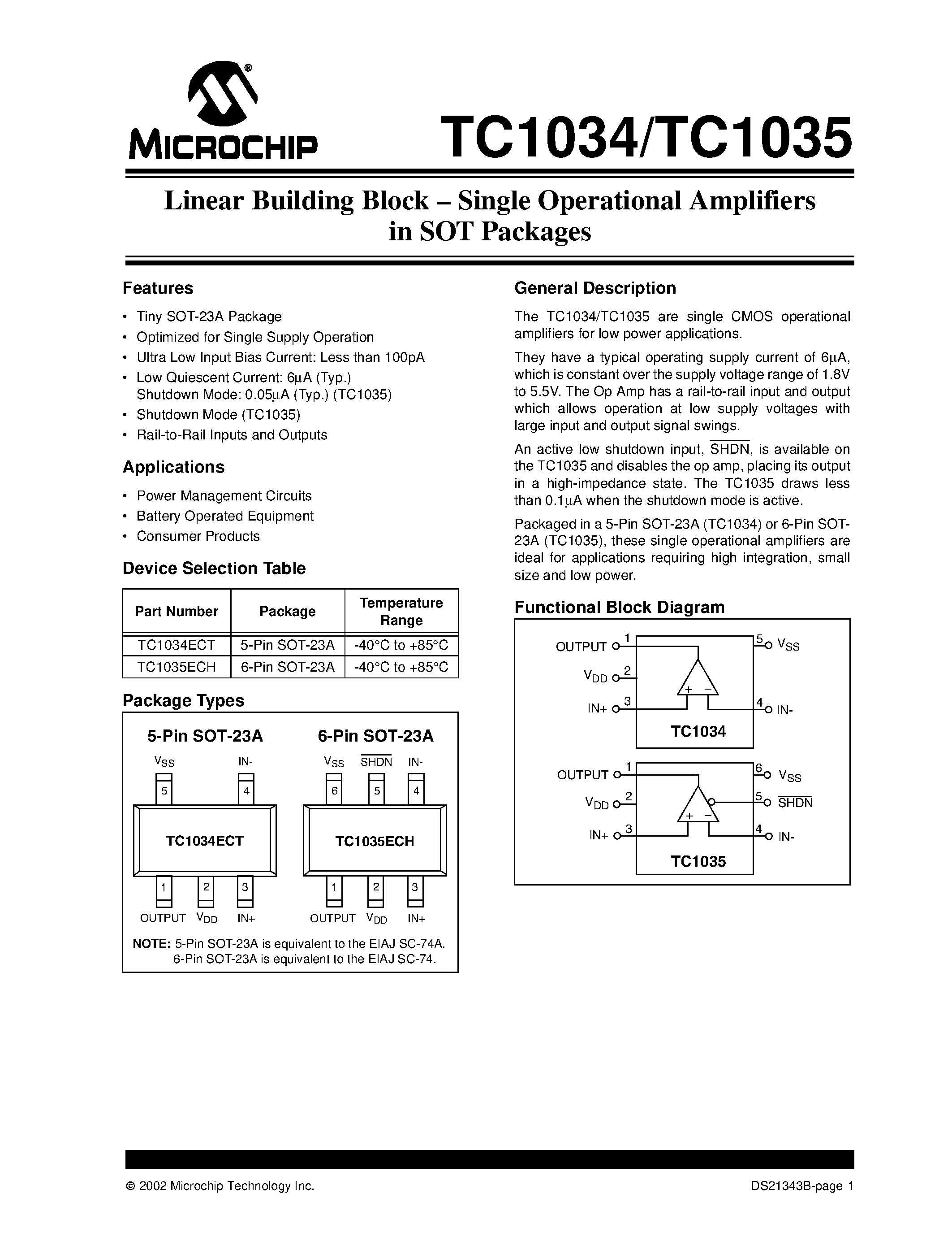Datasheet TC1034 page 1 Datasheet TC1034 - (TC1035) Single Operational Amplifiers in SOT Packages page 1