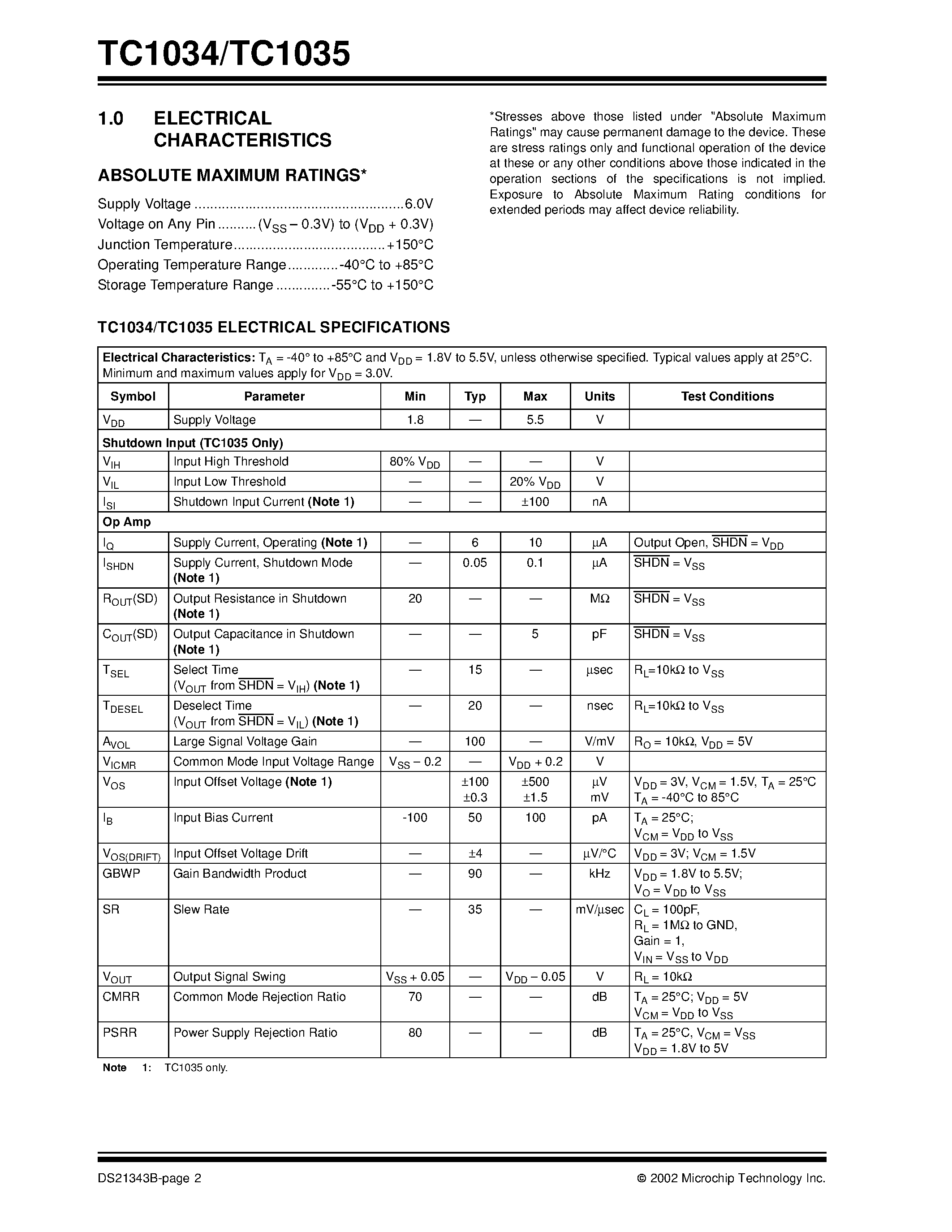 Datasheet TC1034 page 2 Datasheet TC1034 - (TC1035) Single Operational Amplifiers in SOT Packages page 2