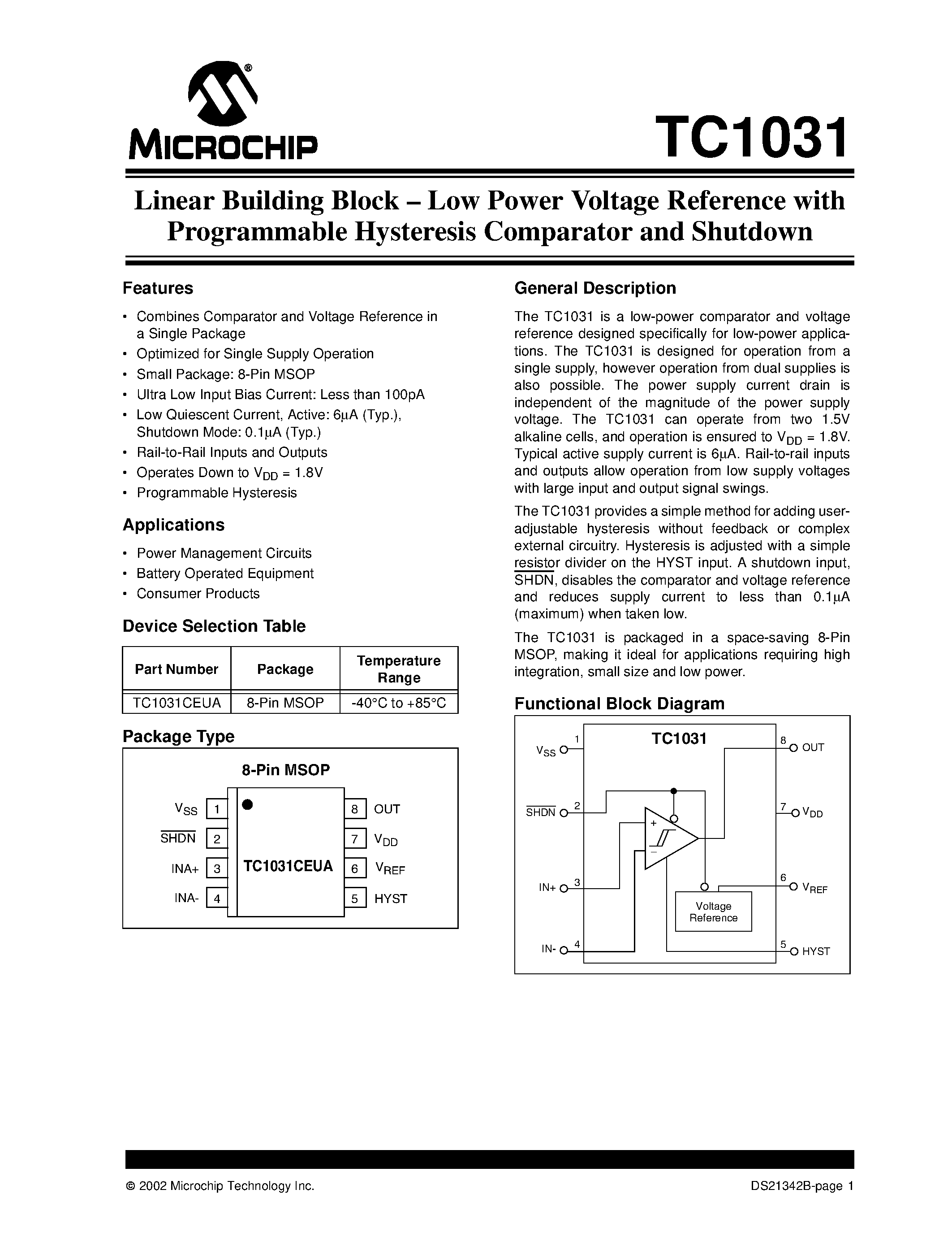 Datasheet TC1031 page 1 Datasheet TC1031 - Low Power Voltage Reference page 1