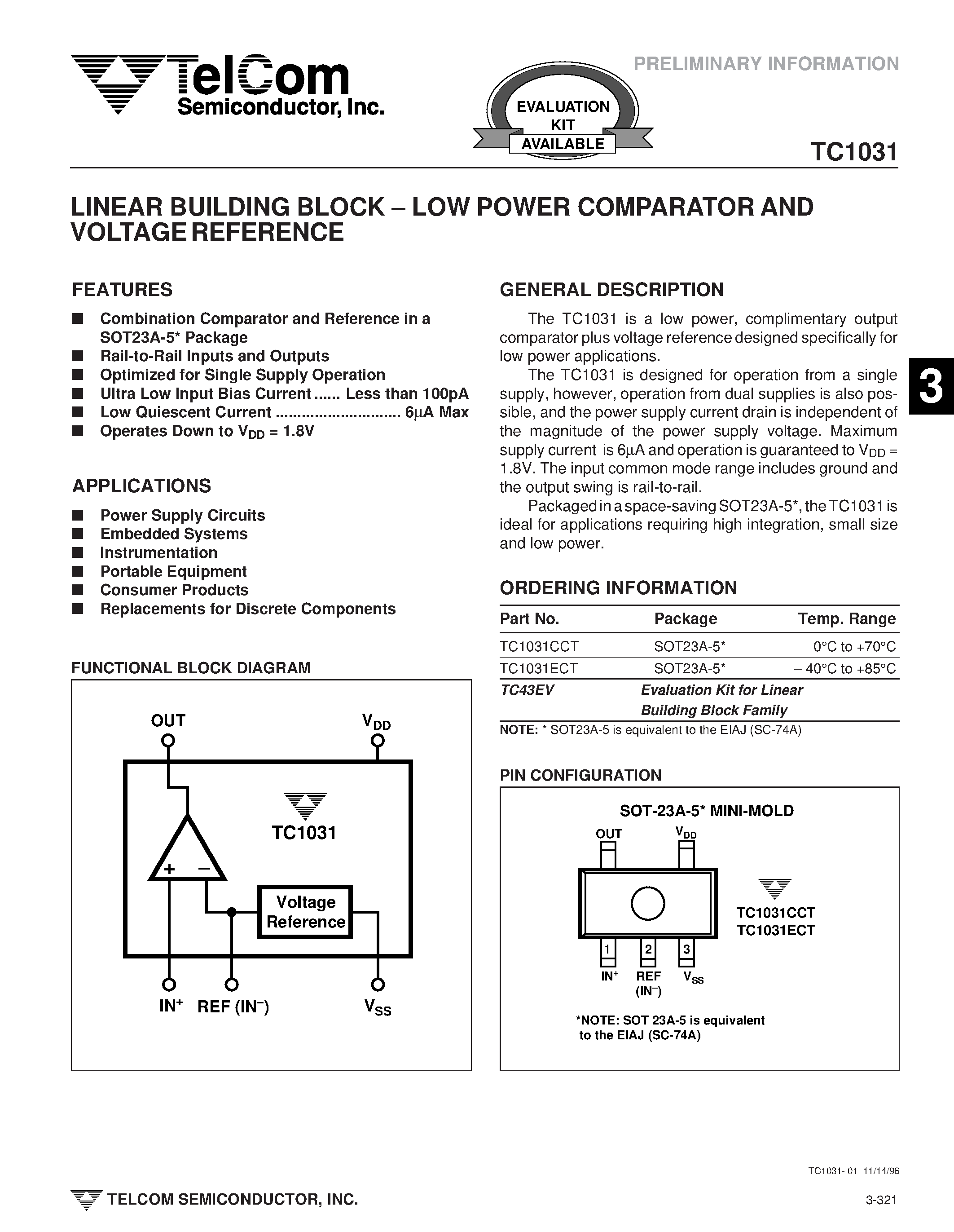 Datasheet TC1031 page 1 Datasheet TC1031 - LOW POWER COMPARATOR AND VOLTAGE REFERENCE page 1