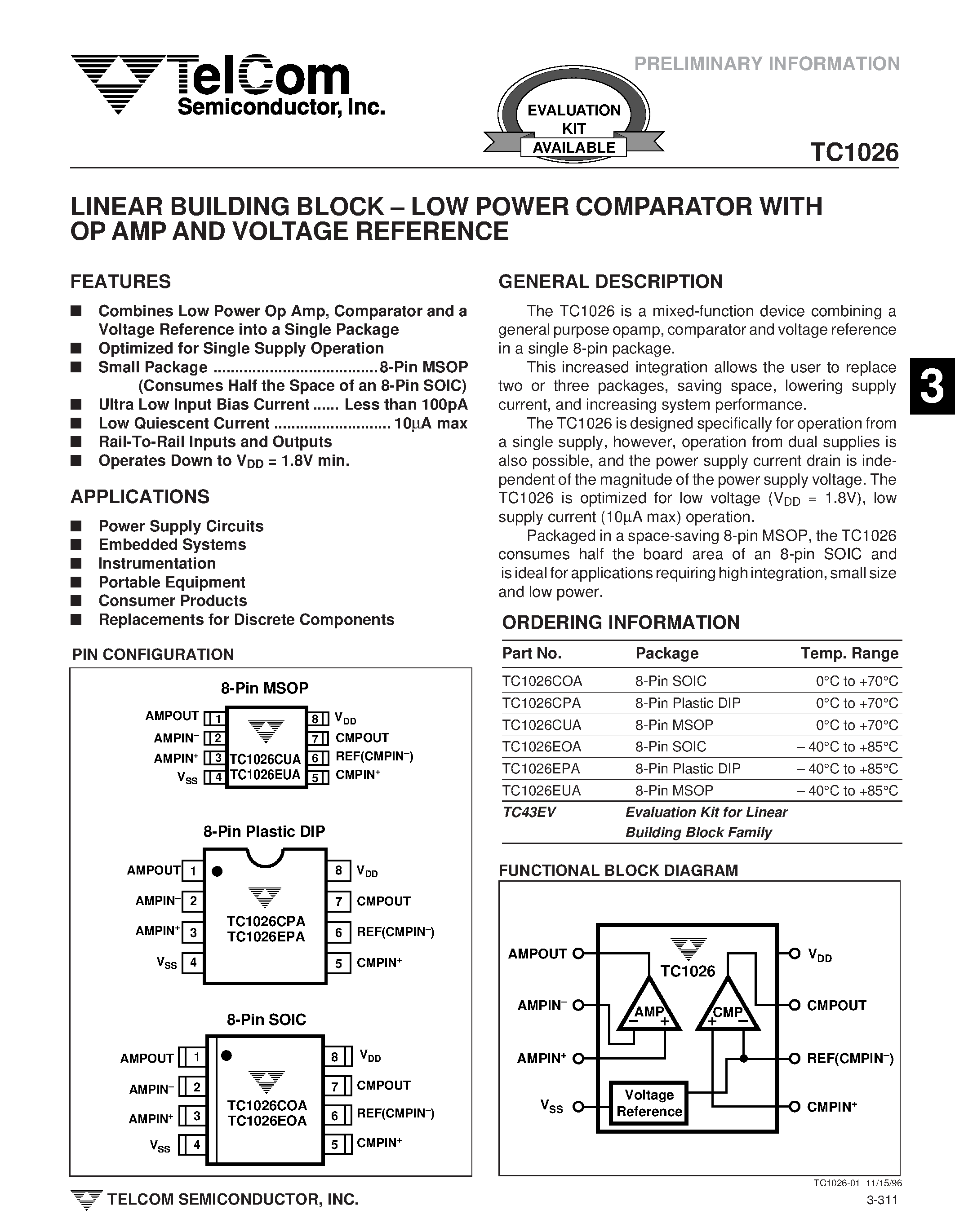 Datasheet TC1026 page 1 Datasheet TC1026 - LOW POWER COMPARATOR WITH OP AMP AND VOLTAGE REFERENCE page 1