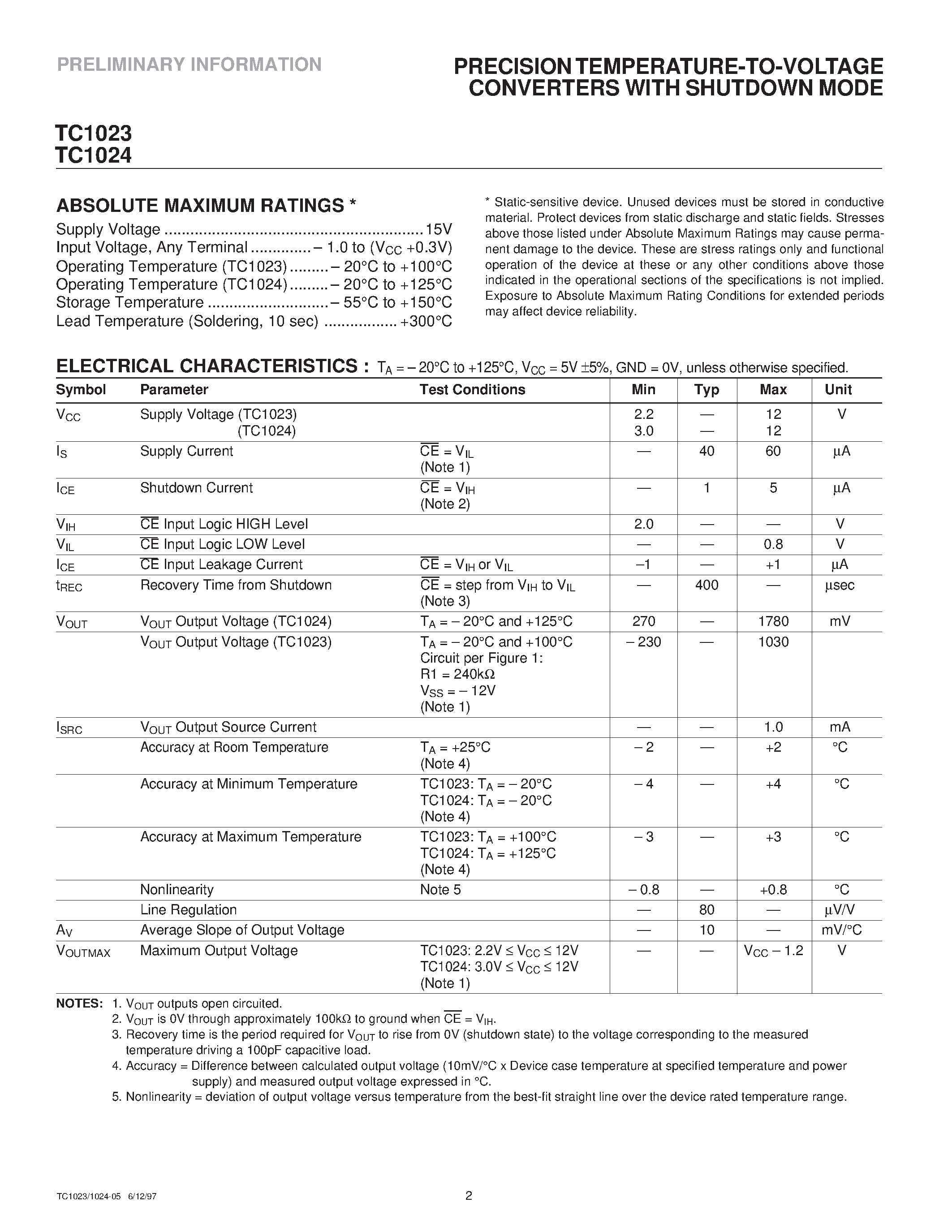 Datasheet TC1023 page 2 Datasheet TC1023 - (TC1024) PRECISION TEMPERATURE-TO-VOLTAGE CONVERTERS WITH SHUTDOWN MODE page 2