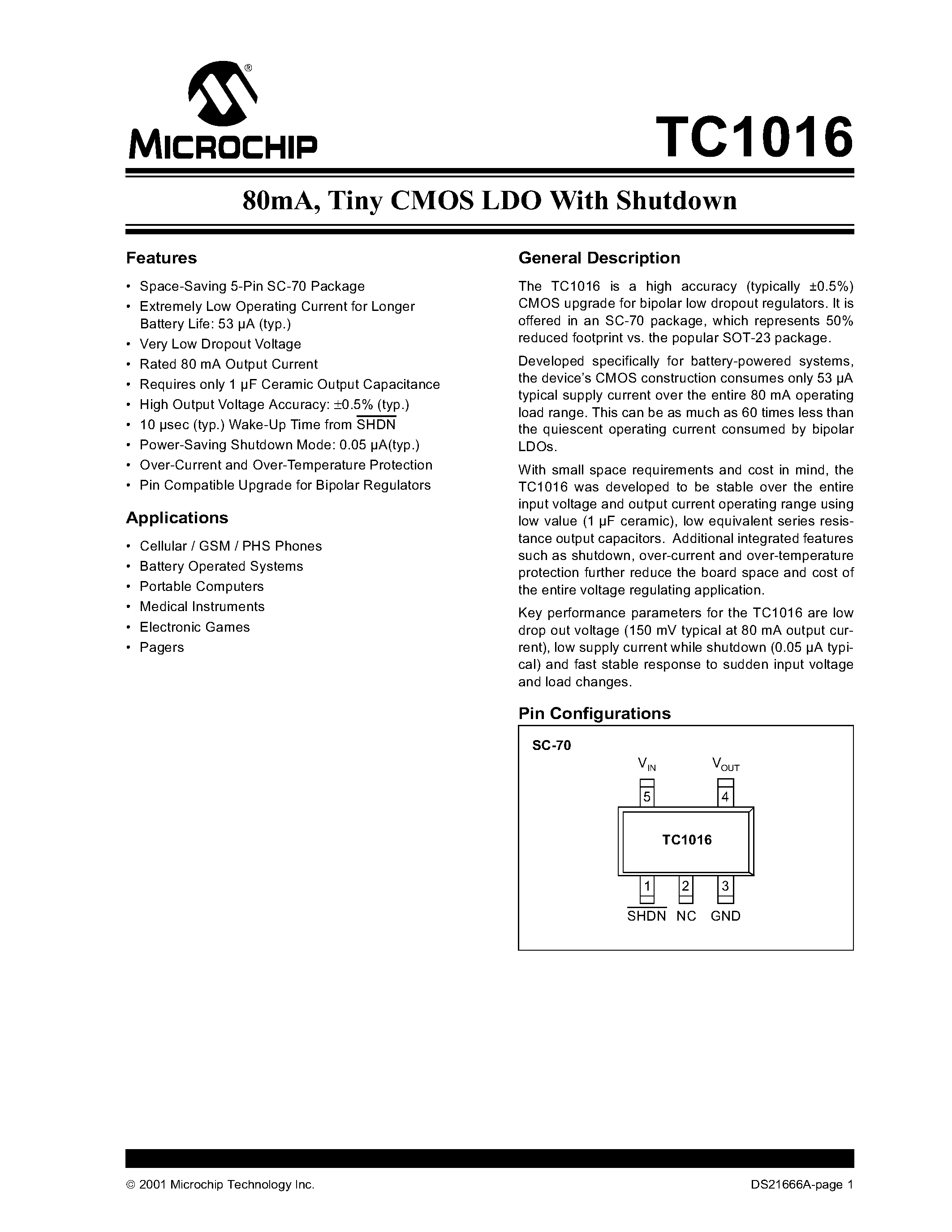 Datasheet TC1016 - 80MA TINY CMOS LDO WITH SHUTDOWN page 1