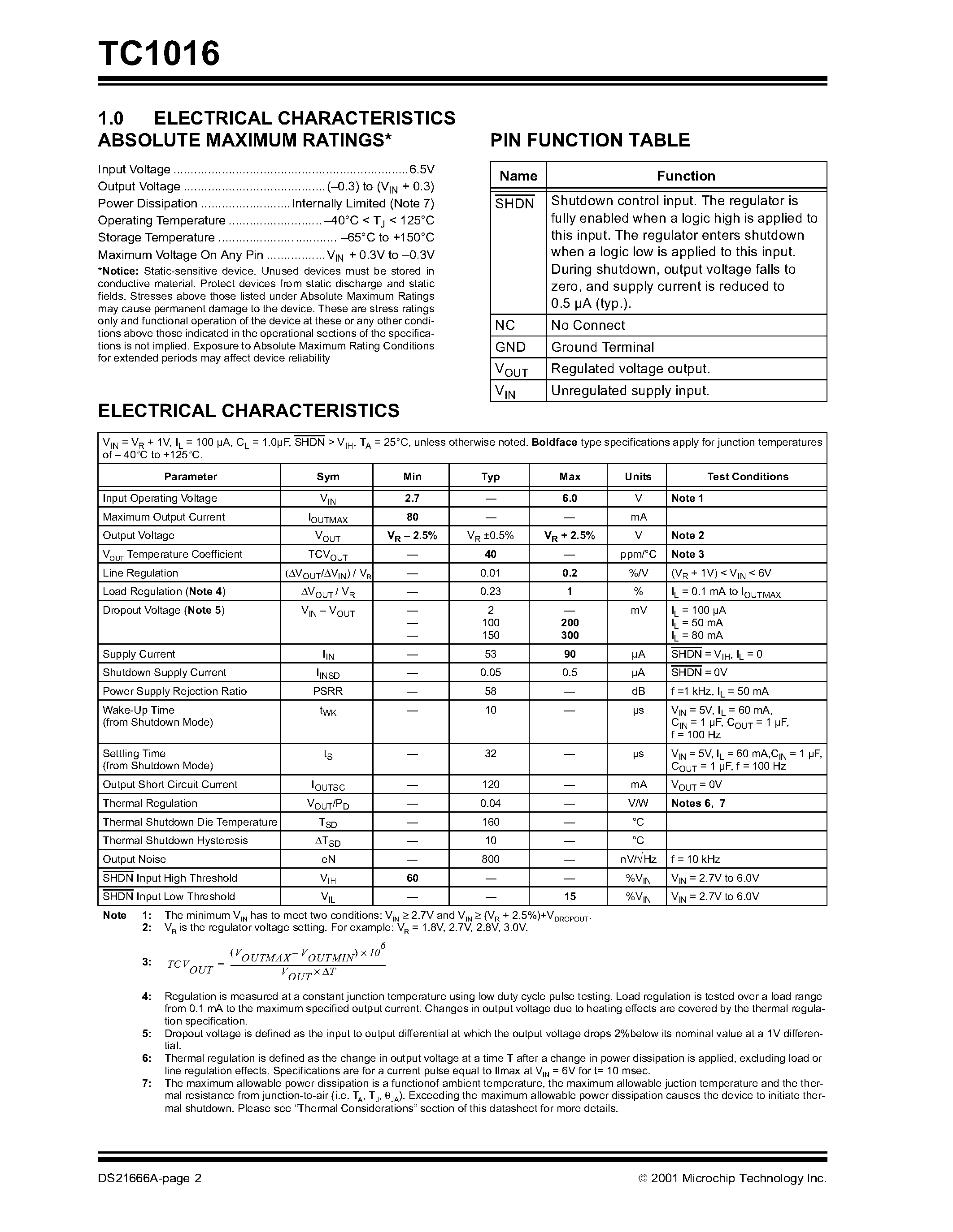 Datasheet TC1016 - 80MA TINY CMOS LDO WITH SHUTDOWN page 2