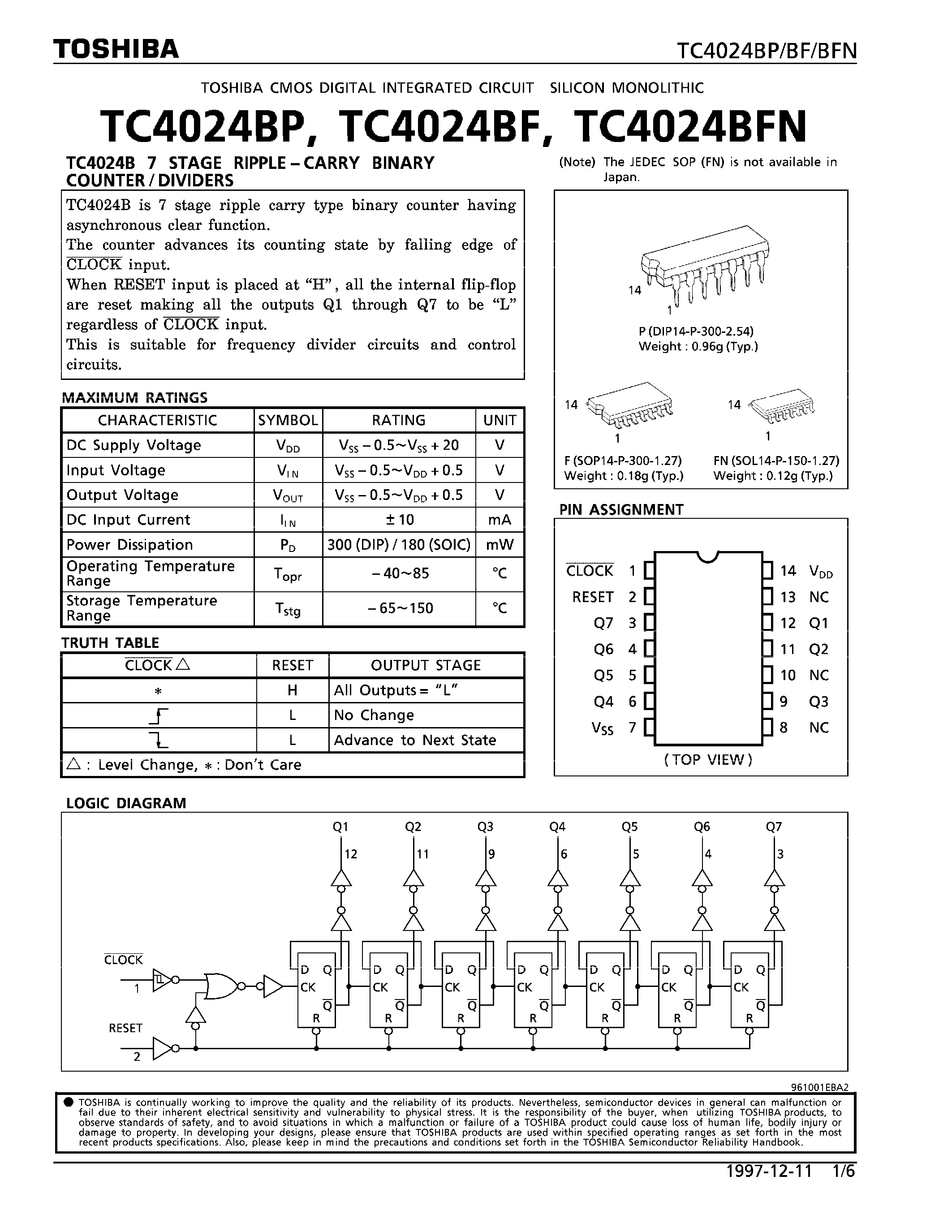Даташит на микросхему TC4024 страница 1 Даташит TC4024 - 7 STAGE RIPPLE - CARRY BINARY COUNTER/DIVIDERS страница 1