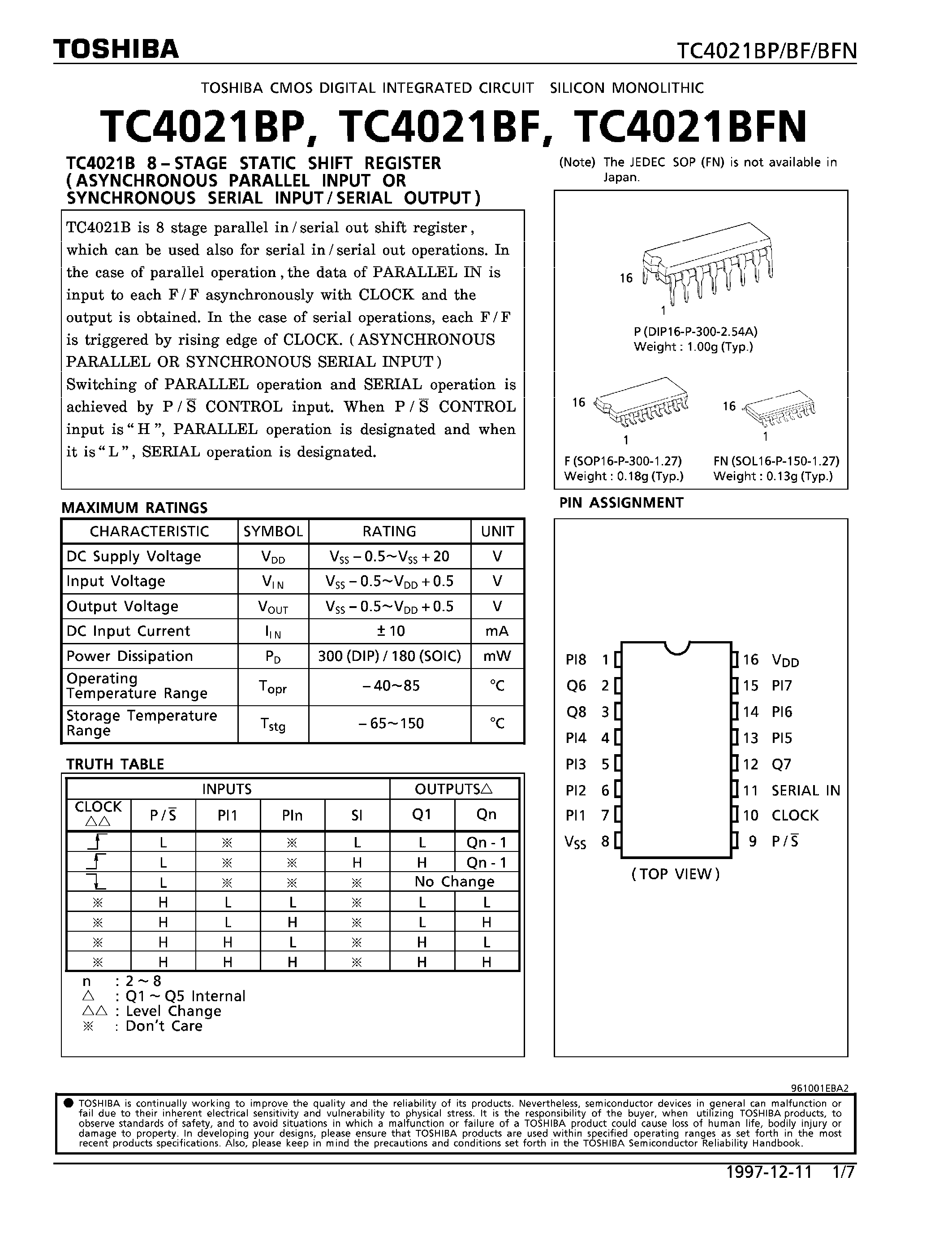 Даташит TC4021 - 8-STAGE STATIC SHIFT REGISTER страница 1