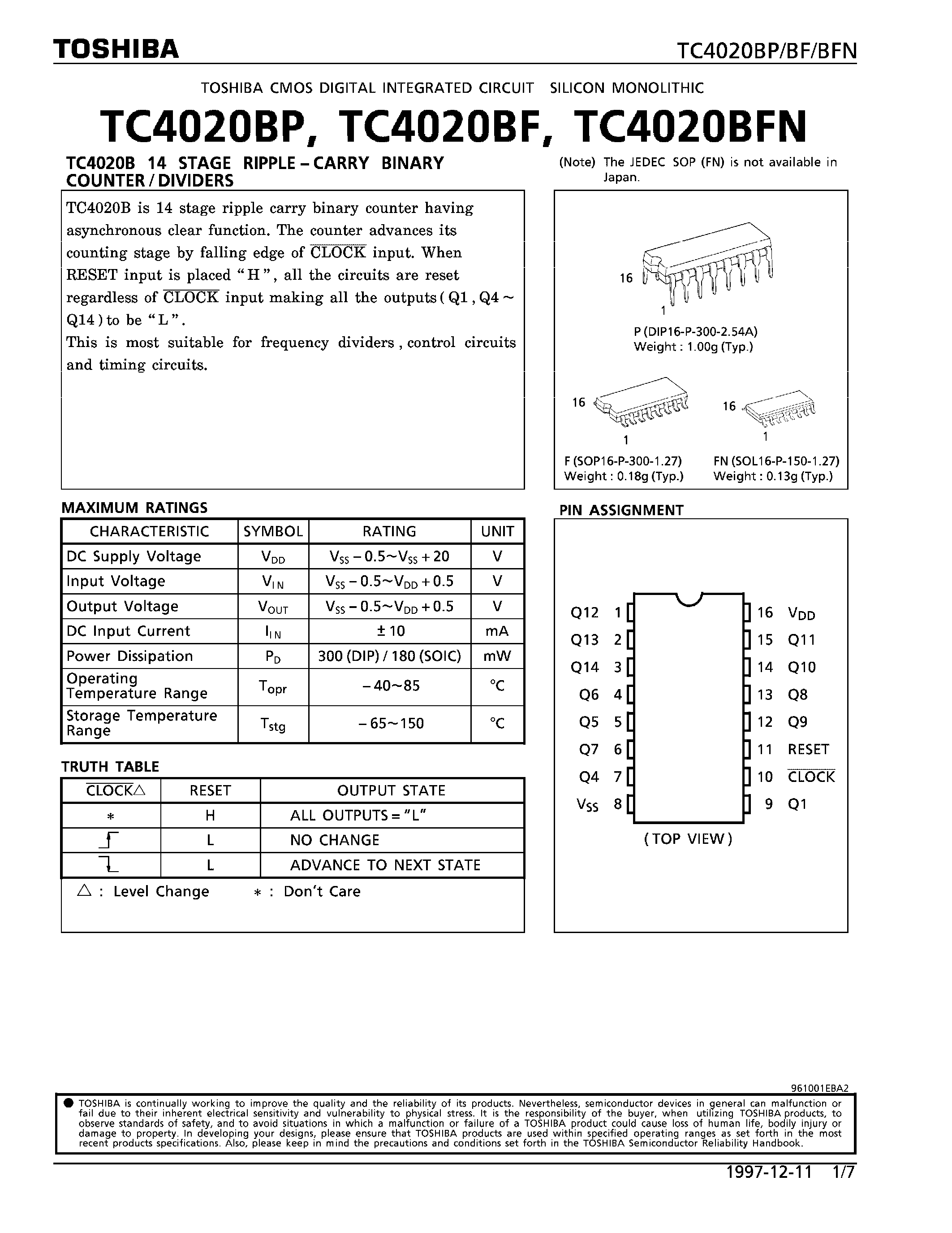 Datasheet TC4020 page 1 Datasheet TC4020 - 14 STAGE RIPPLE-CARRY BINARY COUNTER/DIVIDERS page 1