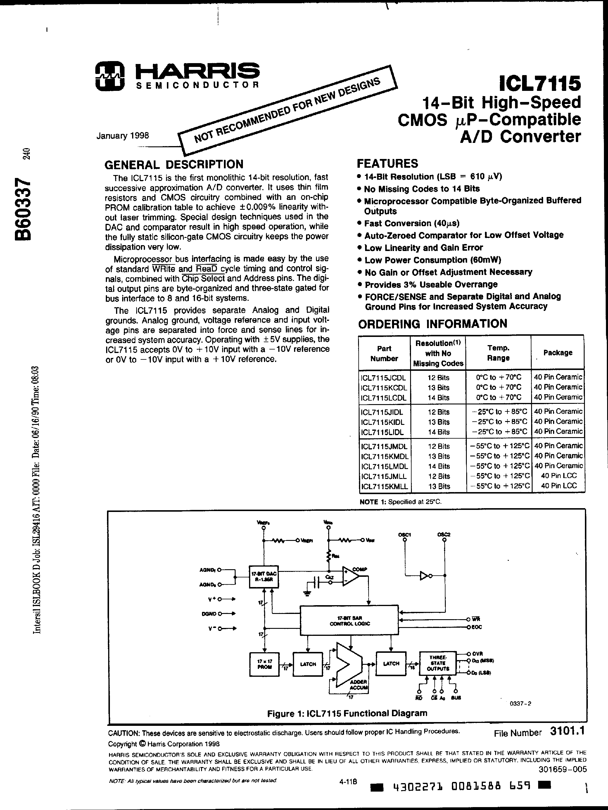 Даташит ICL7115 - 14 Bit High Speed CMOS A/D Converter страница 1