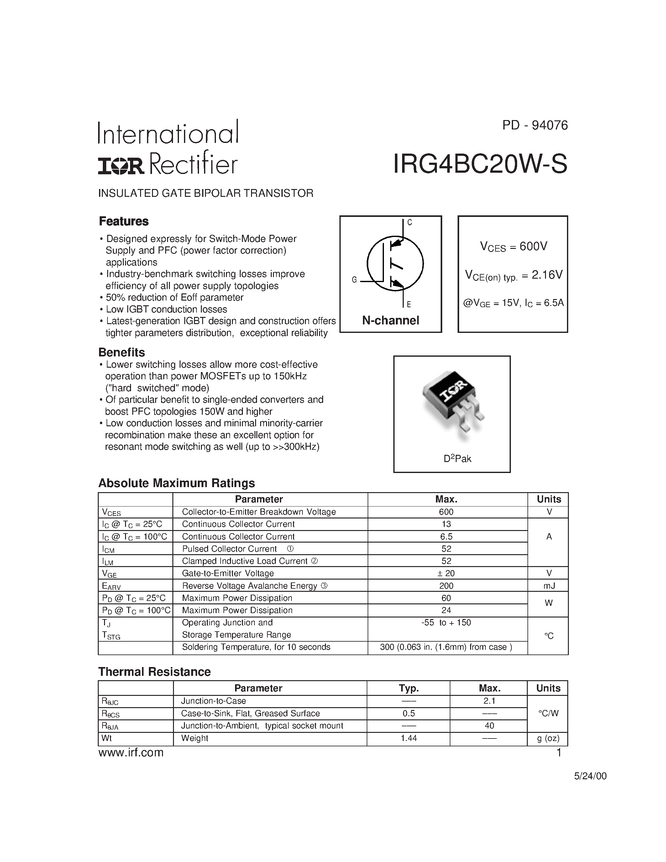 Datasheet IRG4BC20W-S - INSULATED GATE BIPOLAR TRANSISTOR page 1