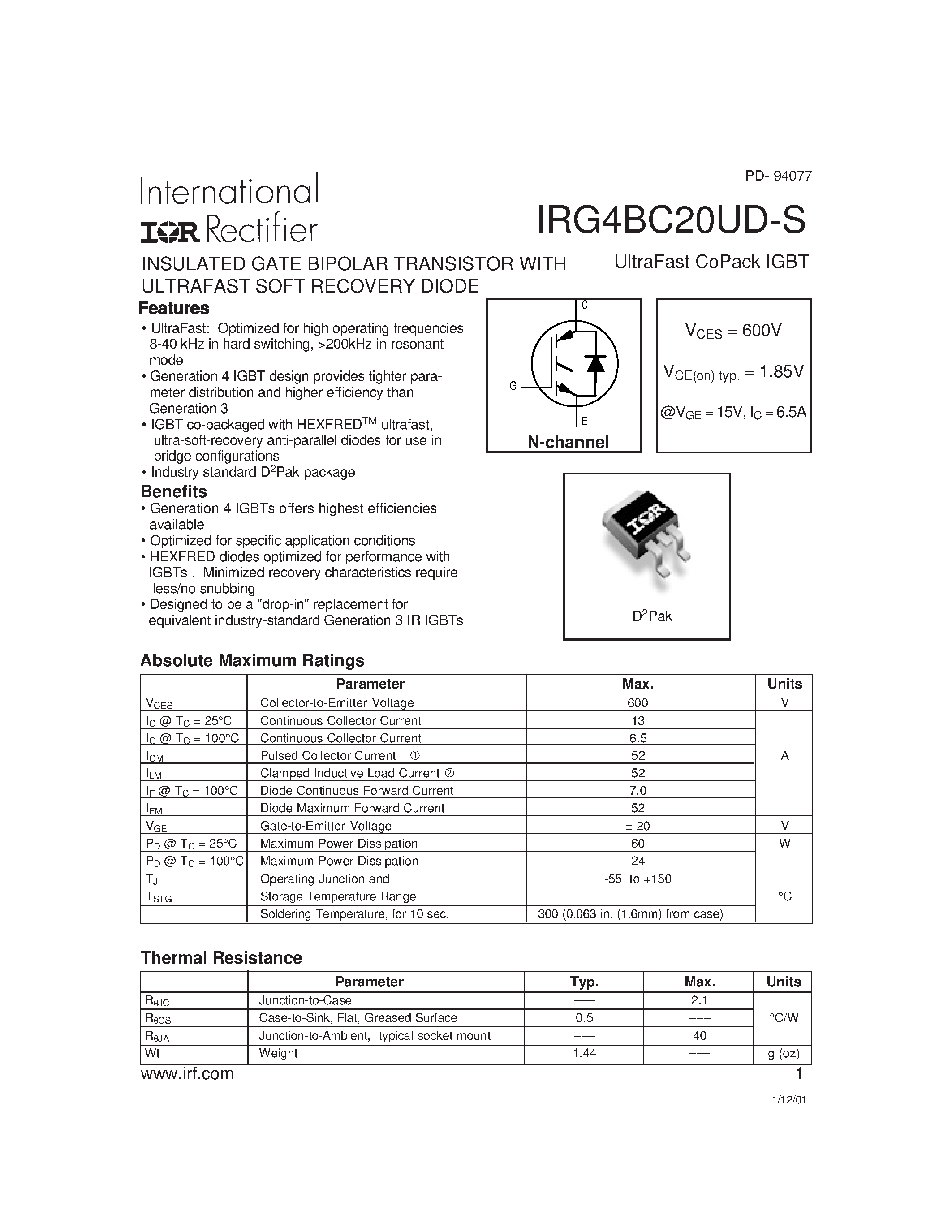 Datasheet IRG4BC20UD-S - INSULATED GATE BIPOLAR TRANSISTOR page 1