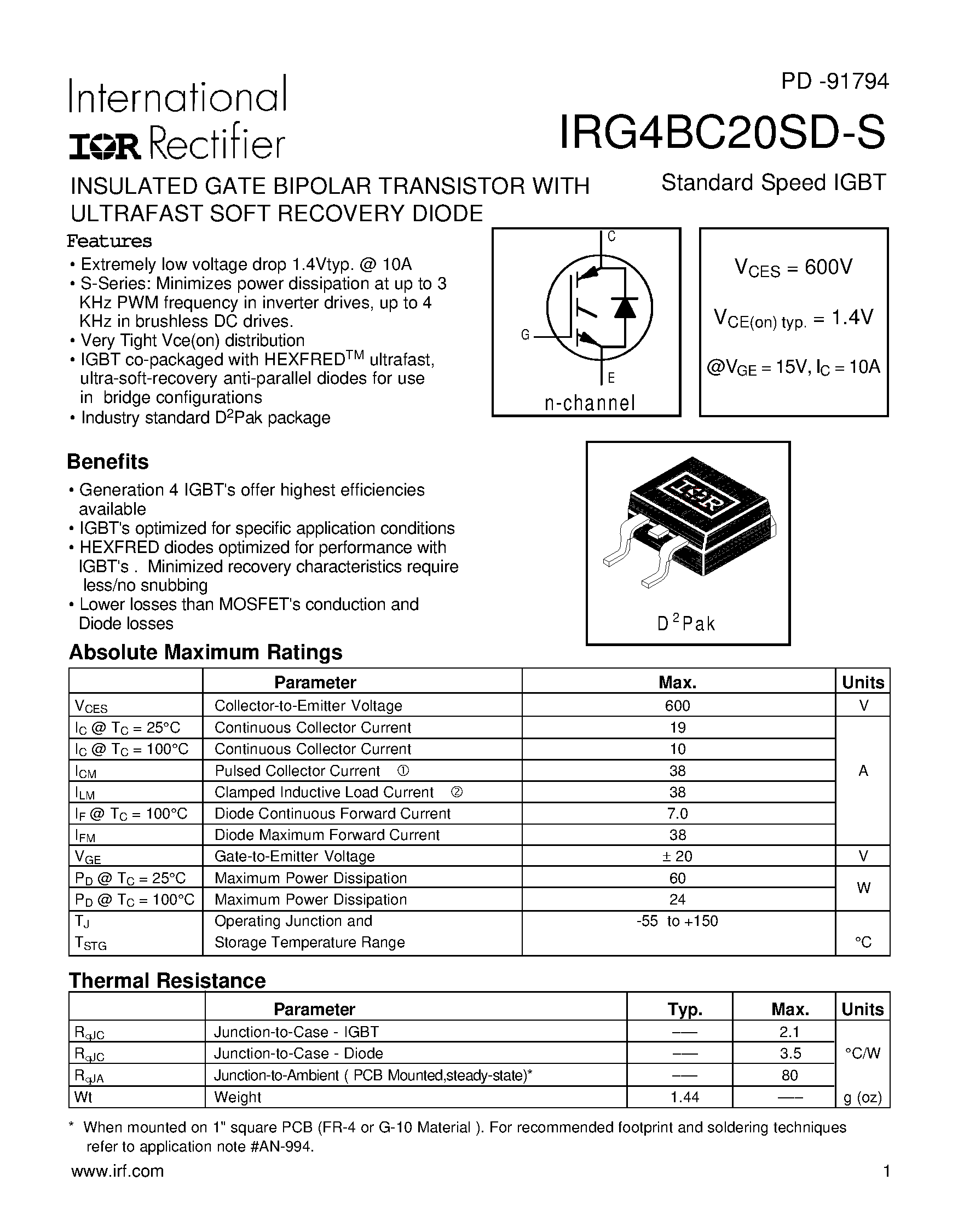 Datasheet IRG4BC20SD-S - INSULATED GATE BIPOLAR TRANSISTOR page 1