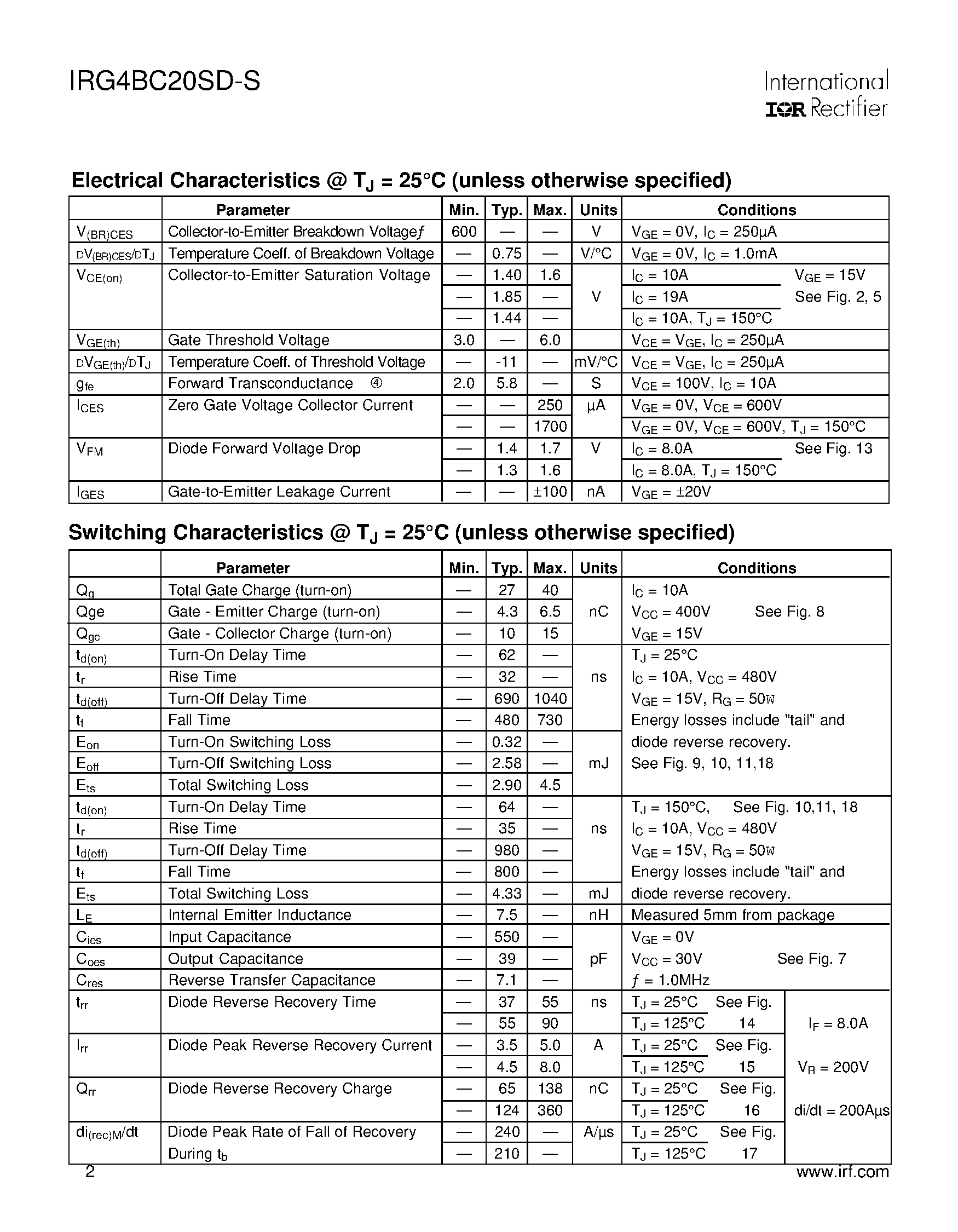 Datasheet IRG4BC20SD-S - INSULATED GATE BIPOLAR TRANSISTOR page 2
