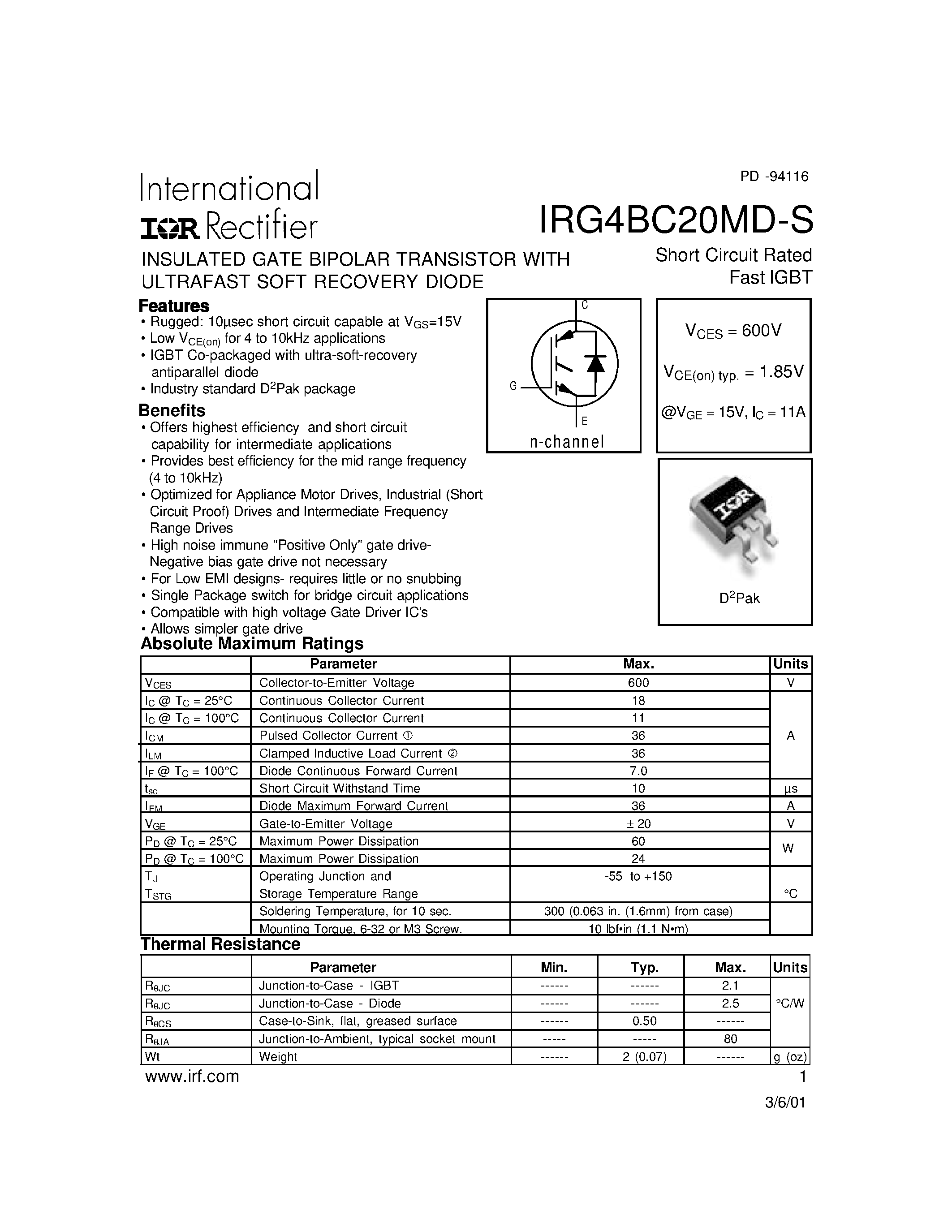 Datasheet IRG4BC20MD-S - INSULATED GATE BIPOLAR TRANSISTOR page 1
