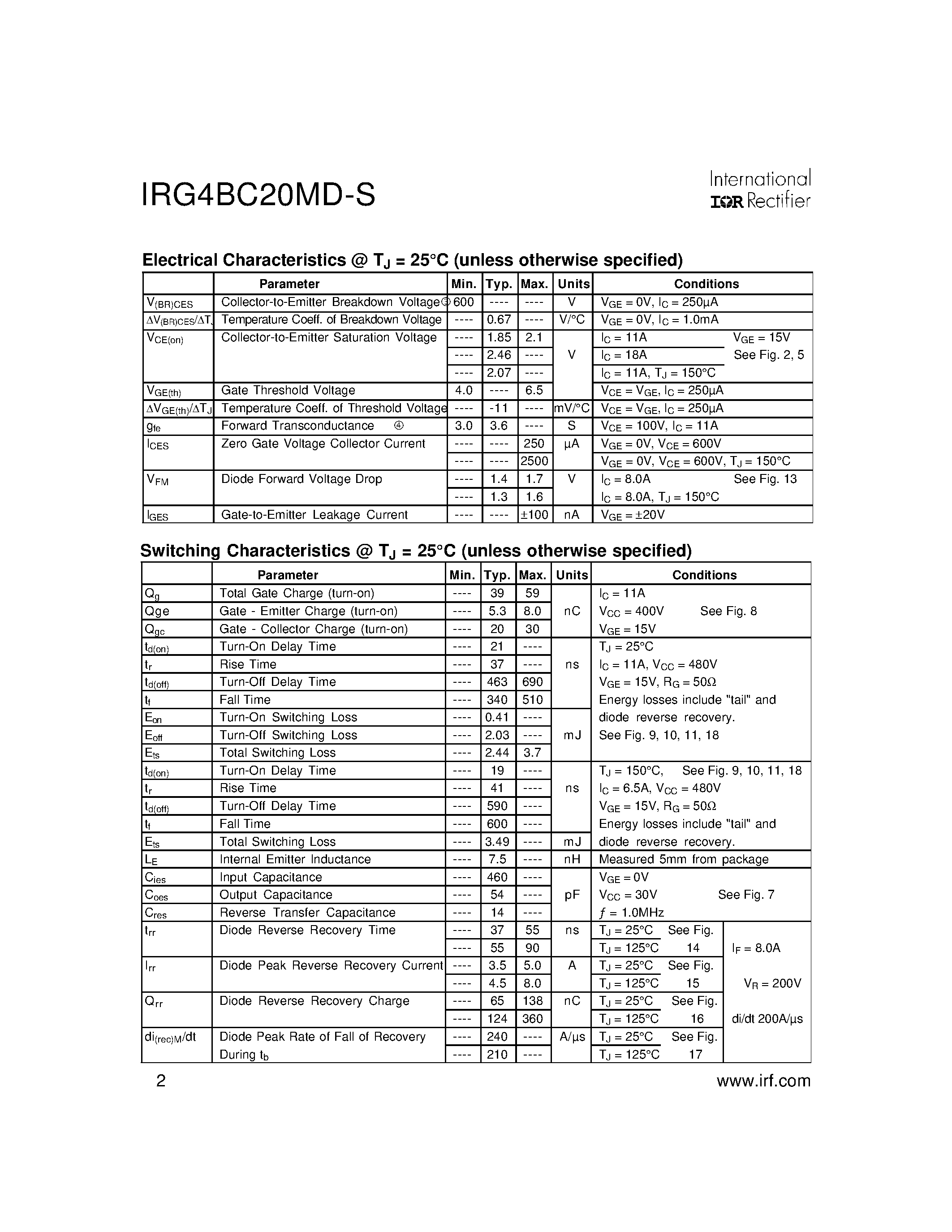 Datasheet IRG4BC20MD-S - INSULATED GATE BIPOLAR TRANSISTOR page 2