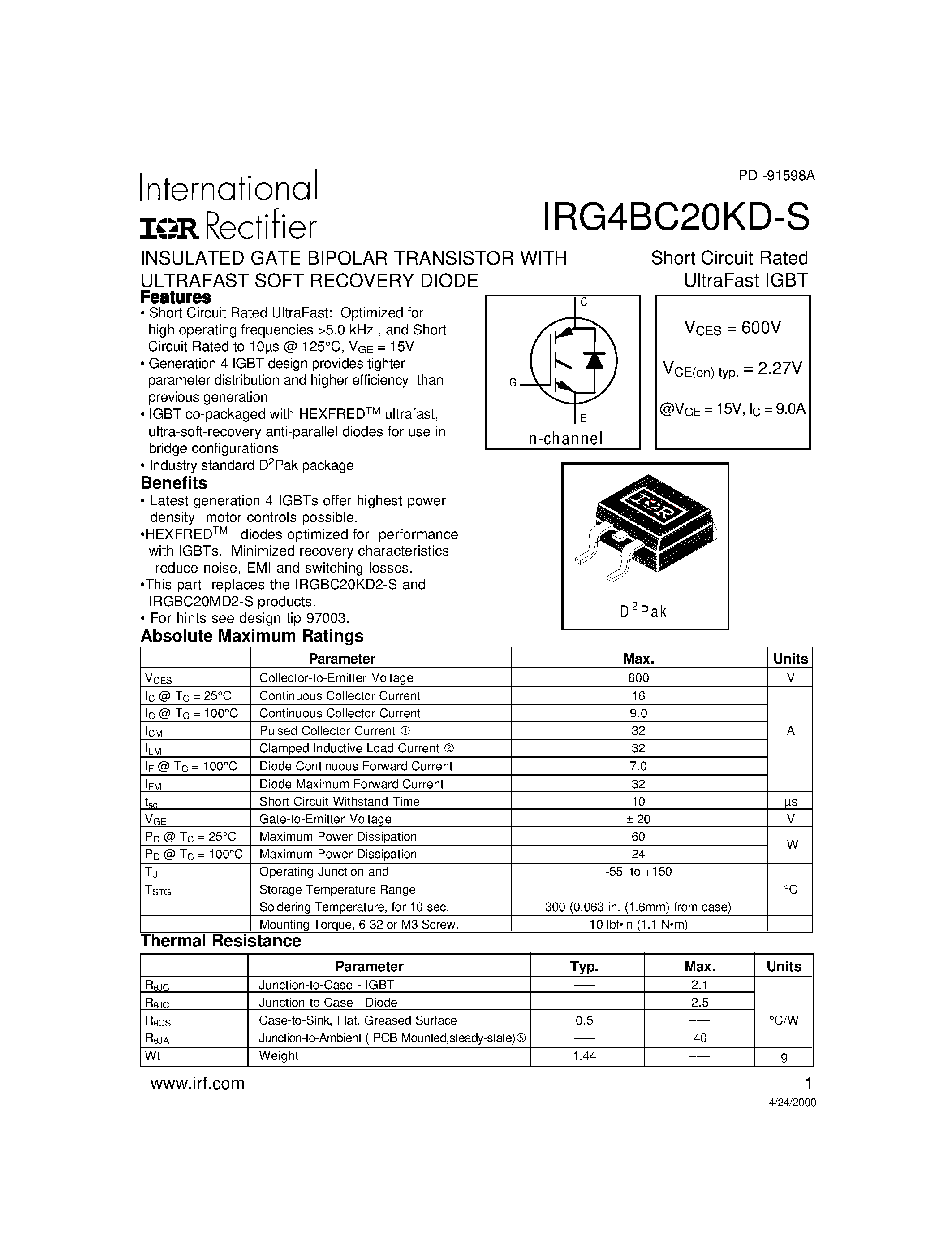 Datasheet IRG4BC20KD-S - INSULATED GATE BIPOLAR TRANSISTOR page 1