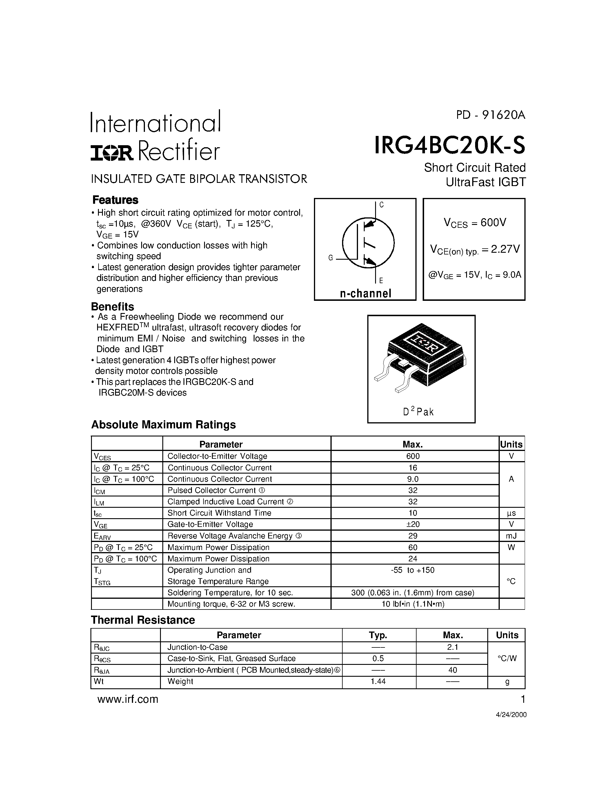 Datasheet IRG4BC20K-S - INSULATED GATE BIPOLAR TRANSISTOR page 1