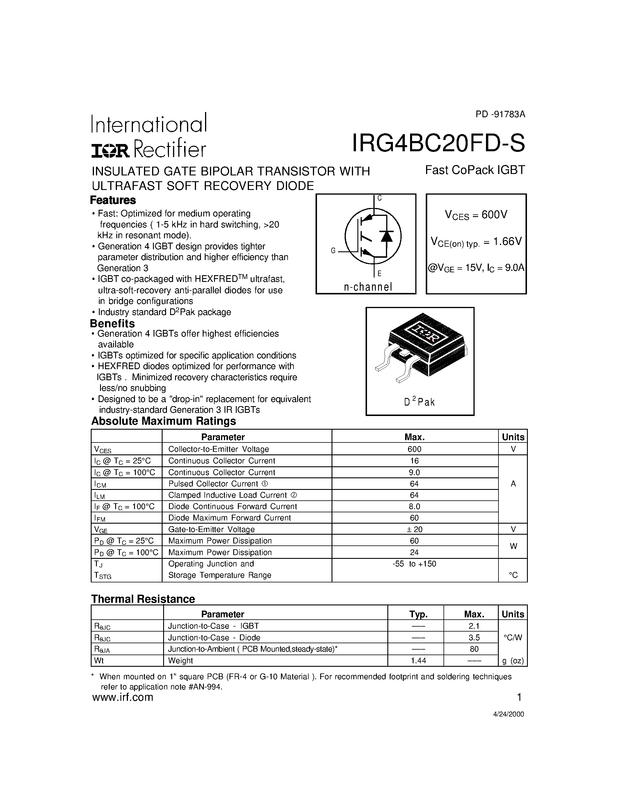 Datasheet IRG4BC20FD-S - INSULATED GATE BIPOLAR TRANSISTOR page 1