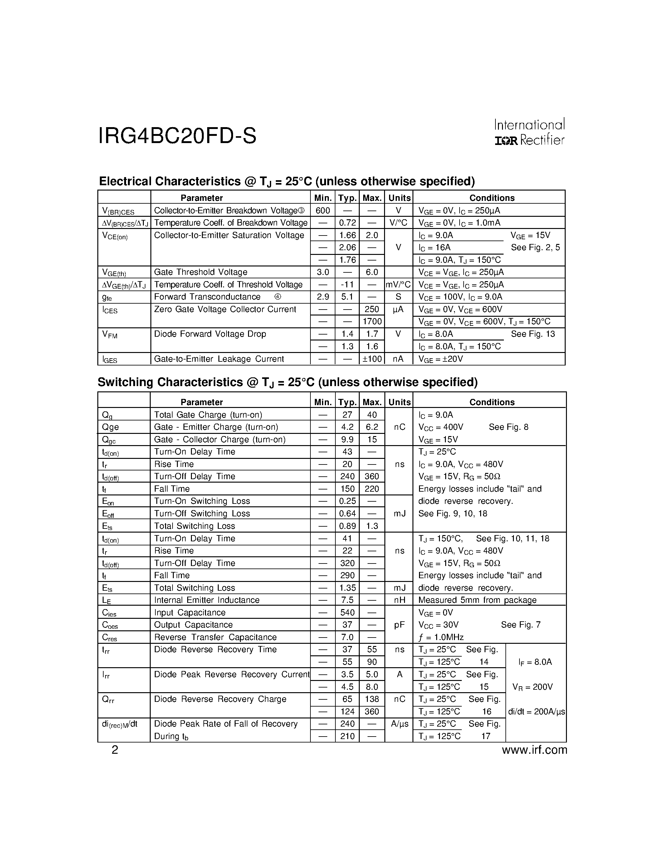 Datasheet IRG4BC20FD-S - INSULATED GATE BIPOLAR TRANSISTOR page 2