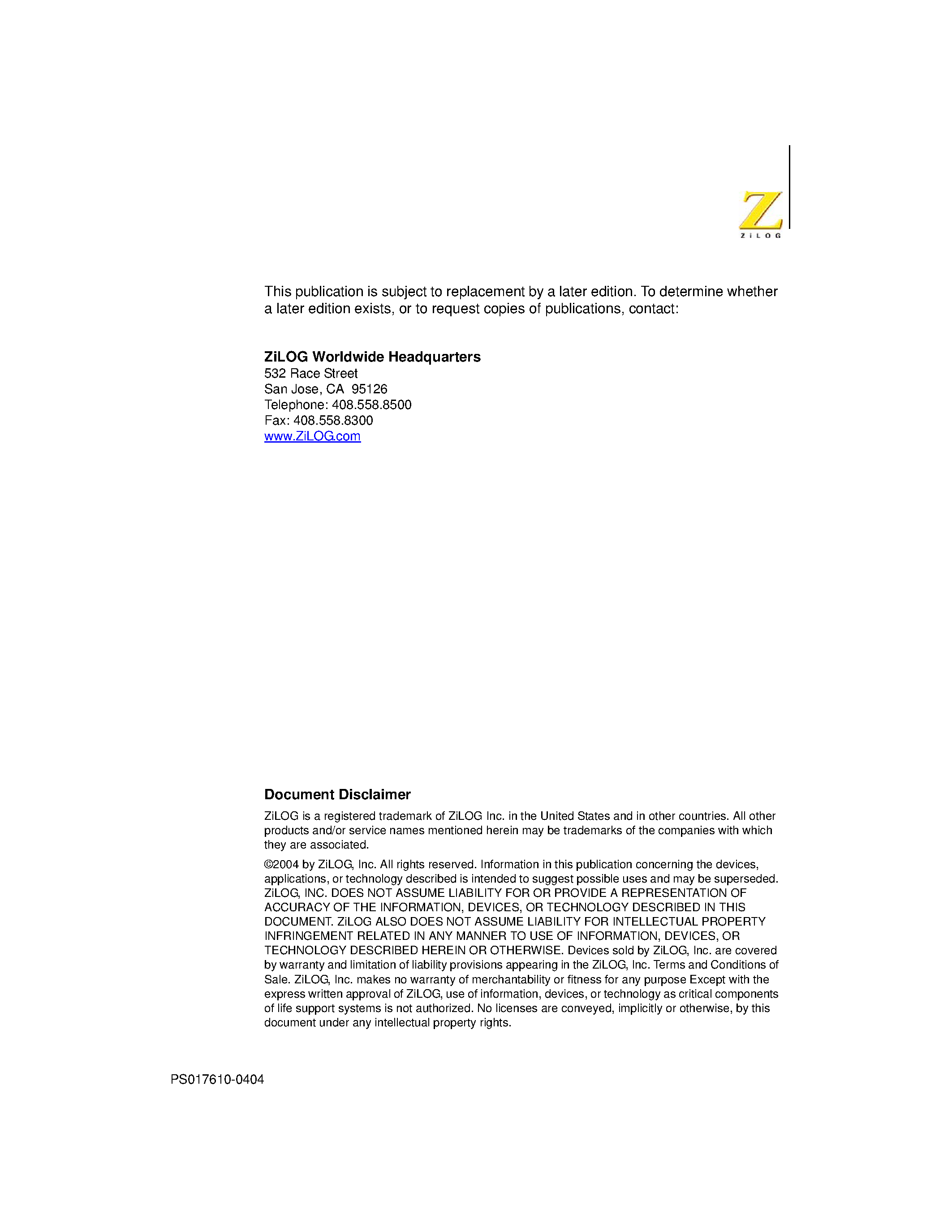 Datasheet Z8F240x page 2 Datasheet Z8F240x - Z8 Encore / Microcontrollers with Flash Memory and 10 Bit A/D Converter page 2
