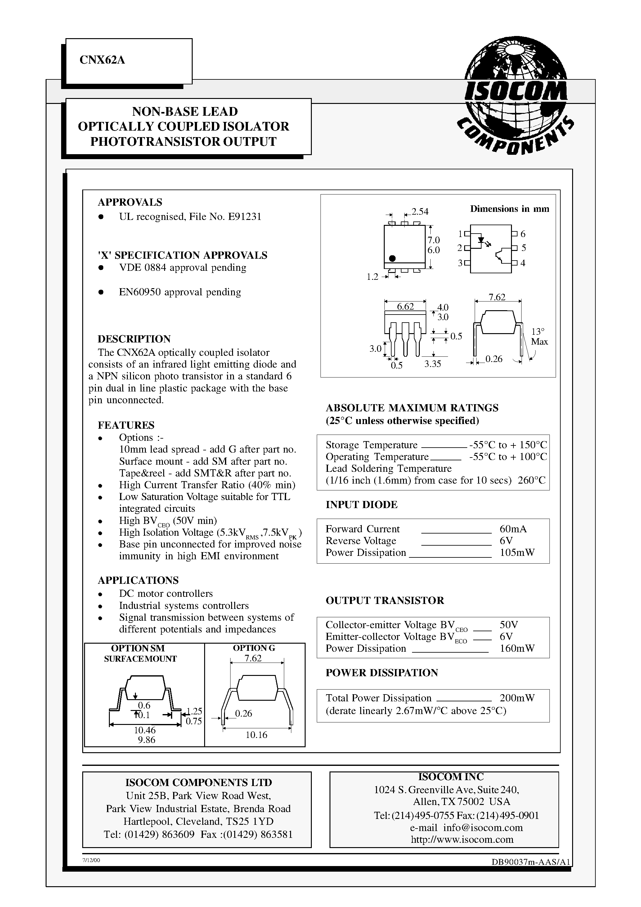 Datasheet CNX62A page 1 Datasheet CNX62A - Optically Coupled Isolator Photo Transistor Output page 1