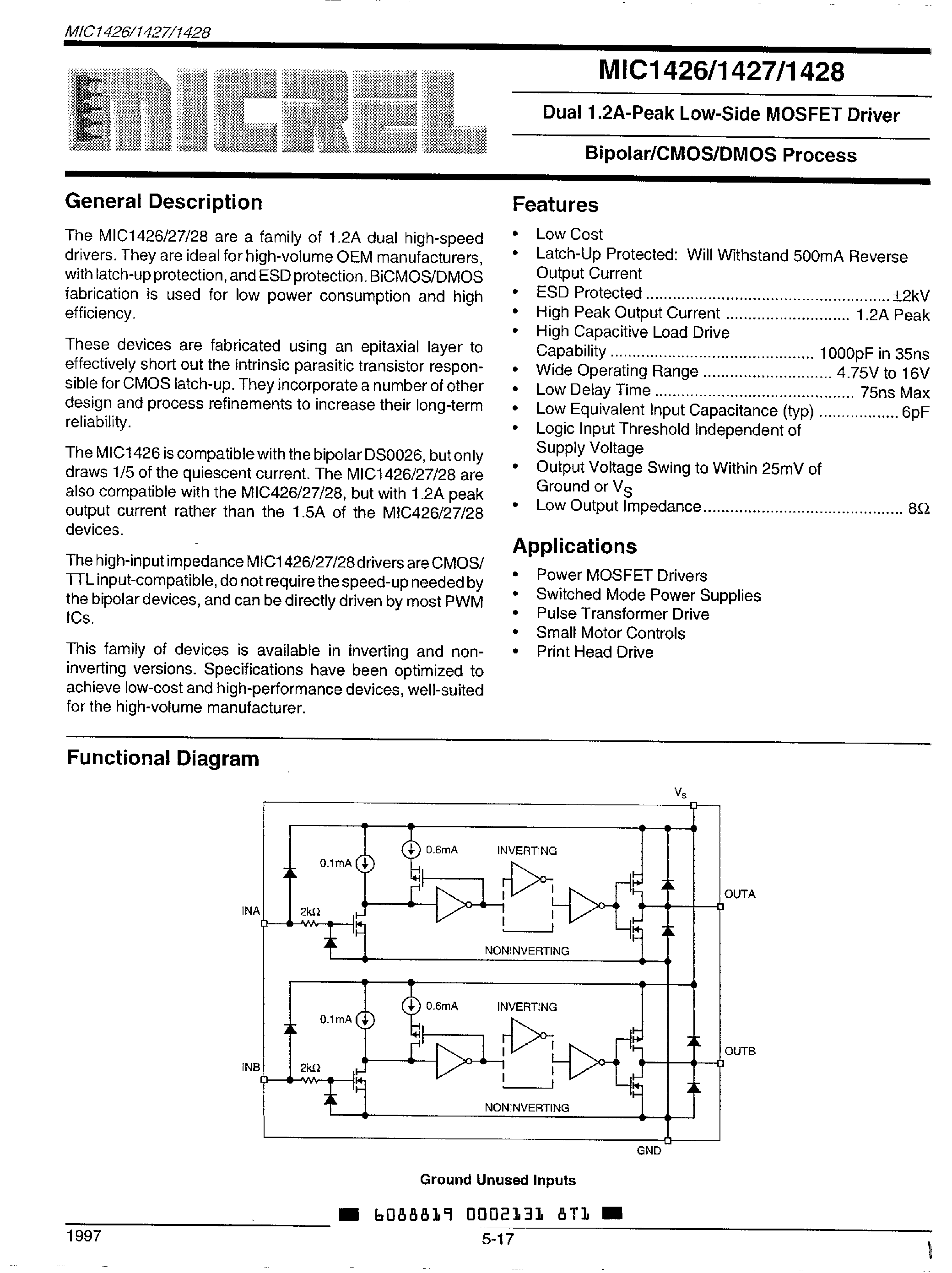 Datasheet MIC1427 - (MIC1426 / MIC1428) Dual 1.2A Peak Low Side MOSFET Driver page 1