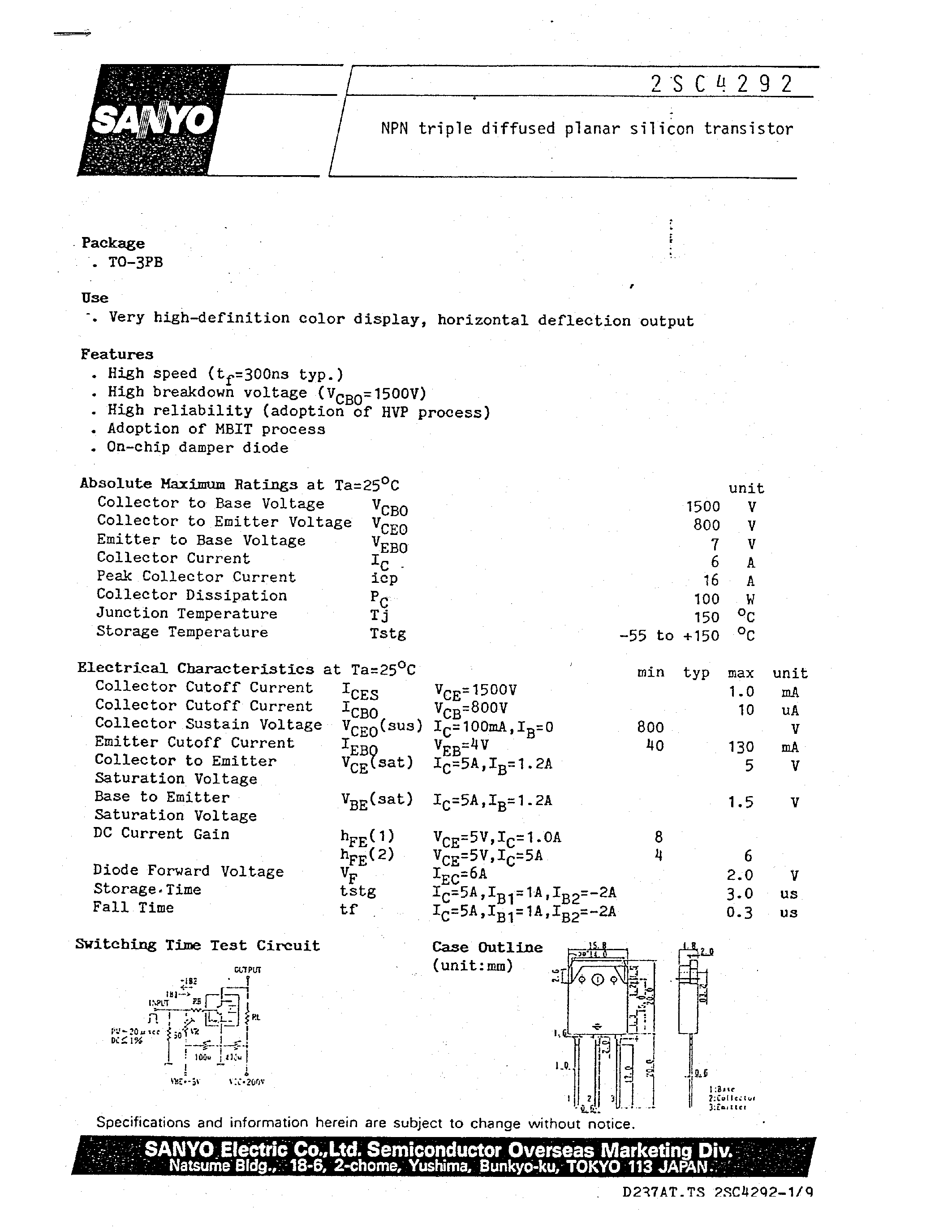 Datasheet 2SC4292 - NPN triple diffused planar silicon transistor page 1