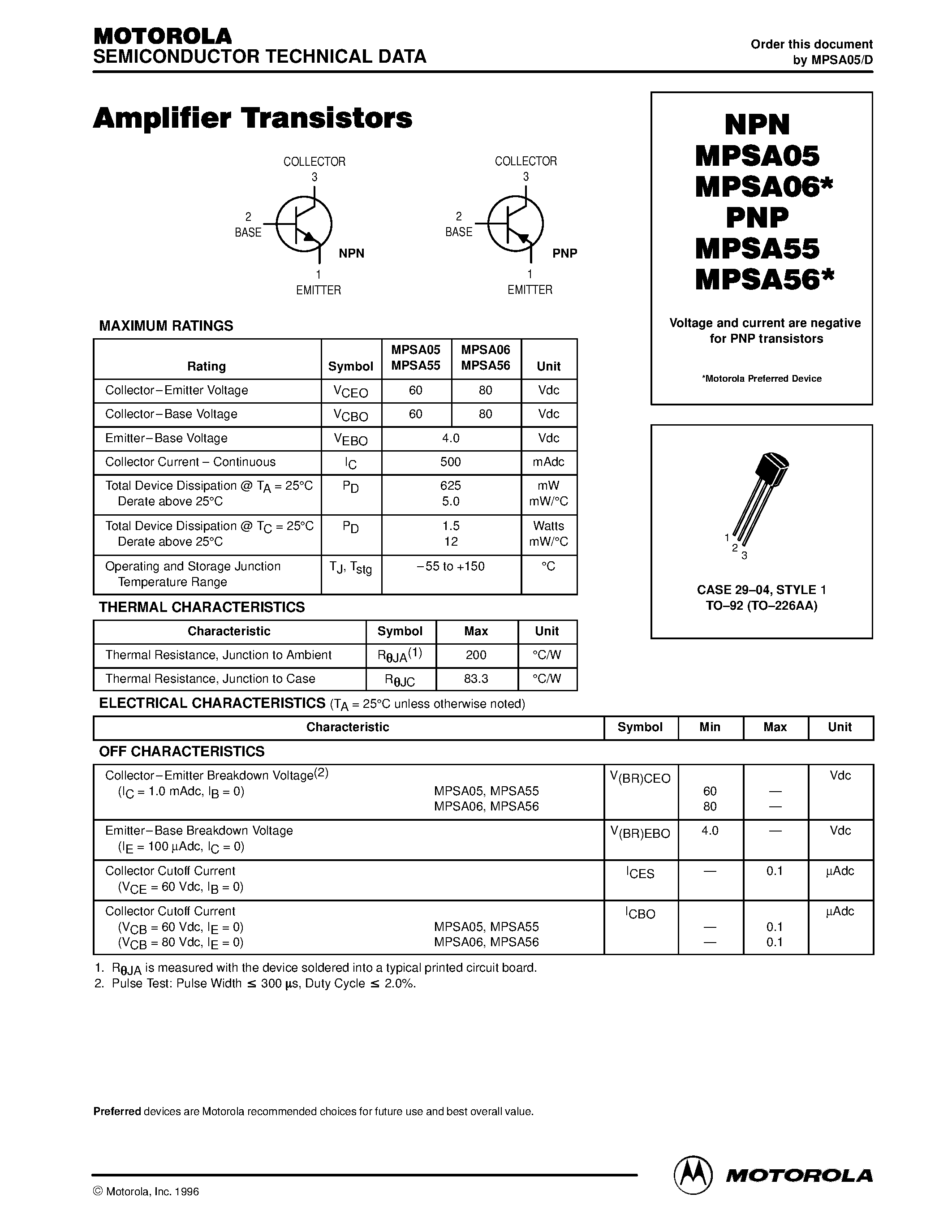 Datasheet MPSA55 page 1 Datasheet MPSA55 - Amplifier Transistors page 1