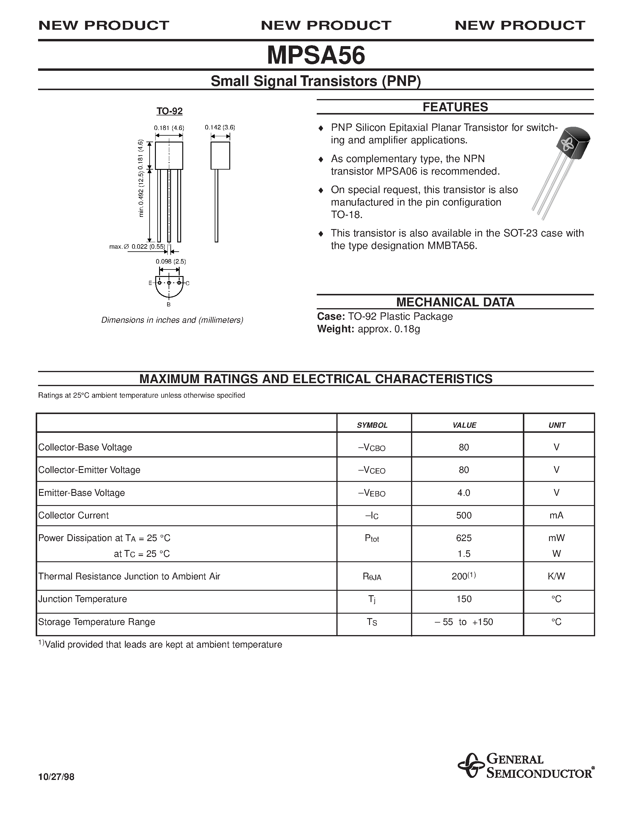 Datasheet MPSA56 - Small Signal Transistors (PNP) page 1