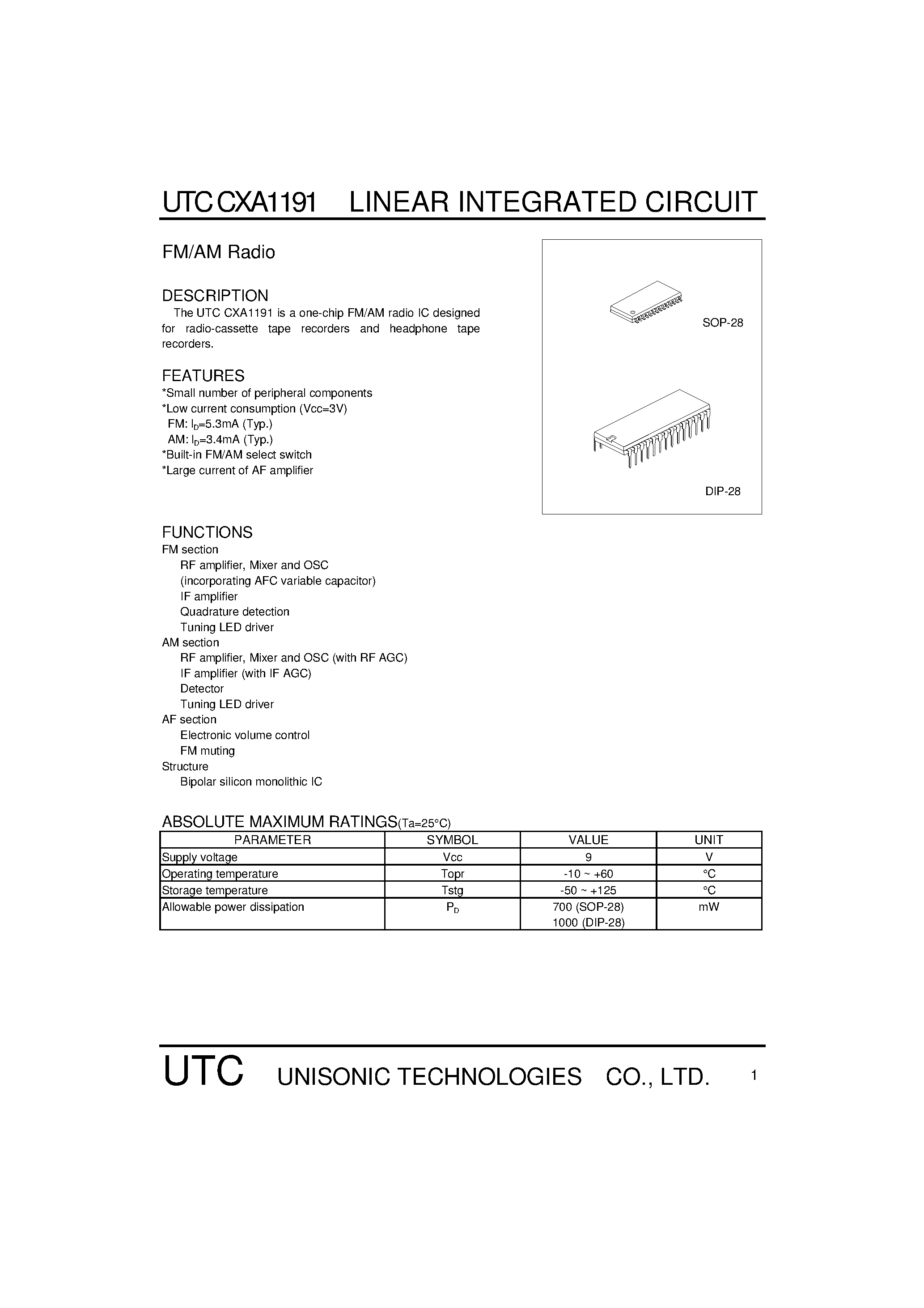Datasheet CXA-1191 page 1 Datasheet CXA-1191 - FM/AM Radio (for radio-cassette tape recorders and headphone tape recorders) page 1