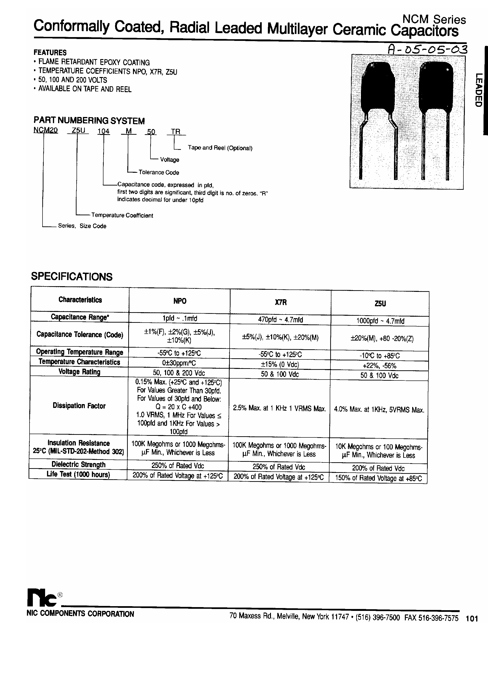 Datasheet NCM21X7Rxxx - Conformally Coated / Radial Leaded Multilayer Ceramic Capacitors page 1