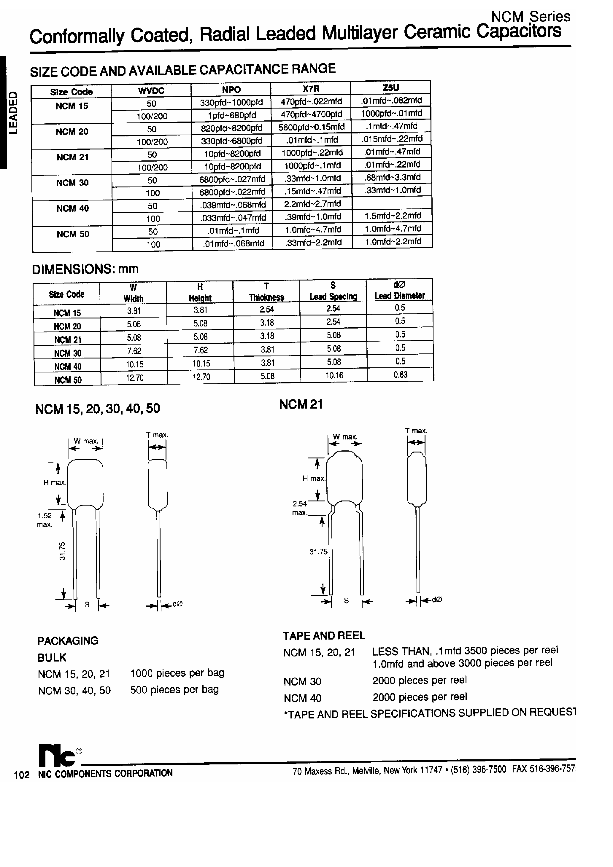Datasheet NCM21X7Rxxx - Conformally Coated / Radial Leaded Multilayer Ceramic Capacitors page 2