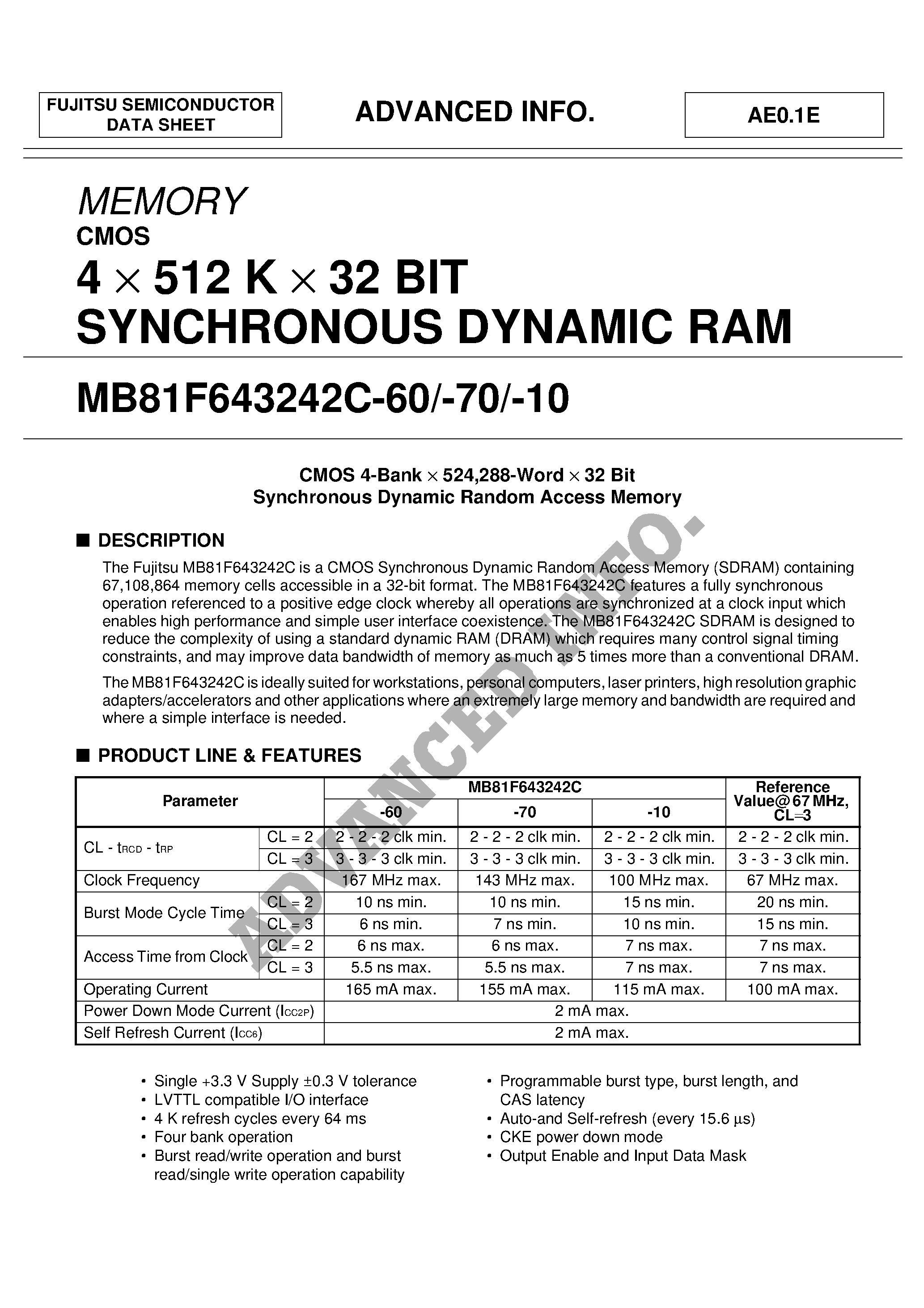 Datasheet MB81F643242C page 1 Datasheet MB81F643242C - 4 X 512 K X 32 BIT SYNCHRONOUS DYNAMIC RAM page 1