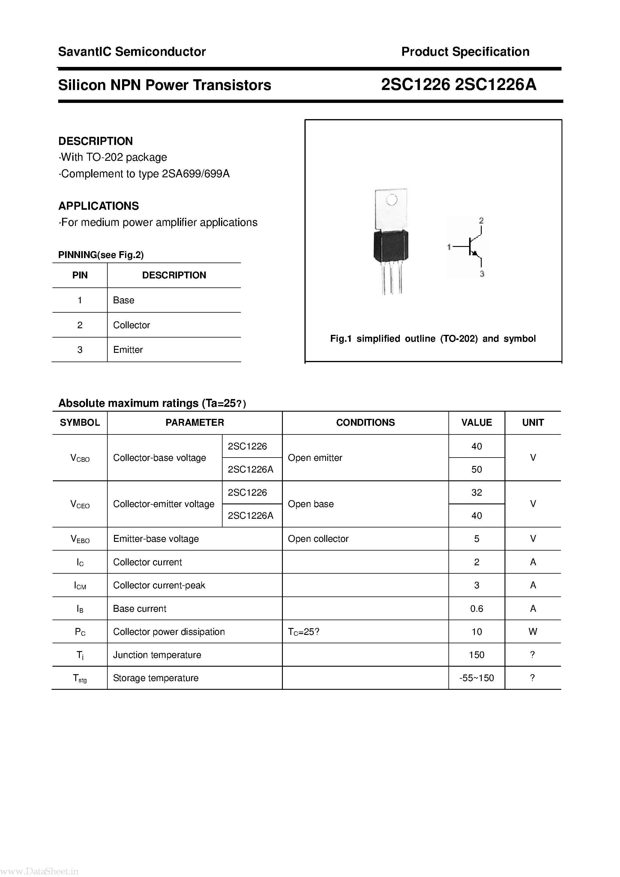 Даташит 2SC1226 - Silicon NPN Epitaxial Planar Type страница 1