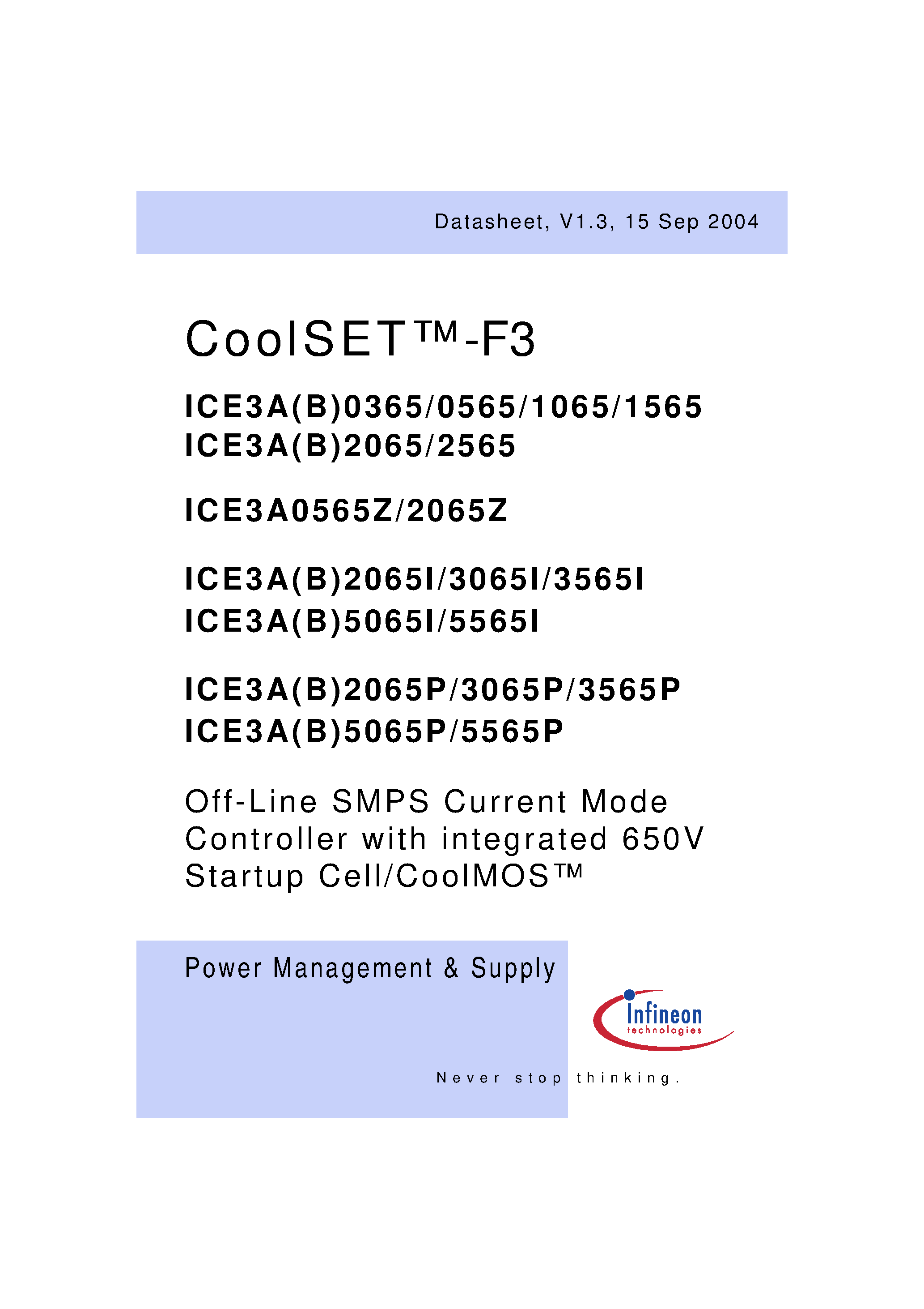 Datasheet ICE3A2065 - Off-Line SMPS Current Mode Controller with integrated 650V Startup Cell/CoolMOS page 1
