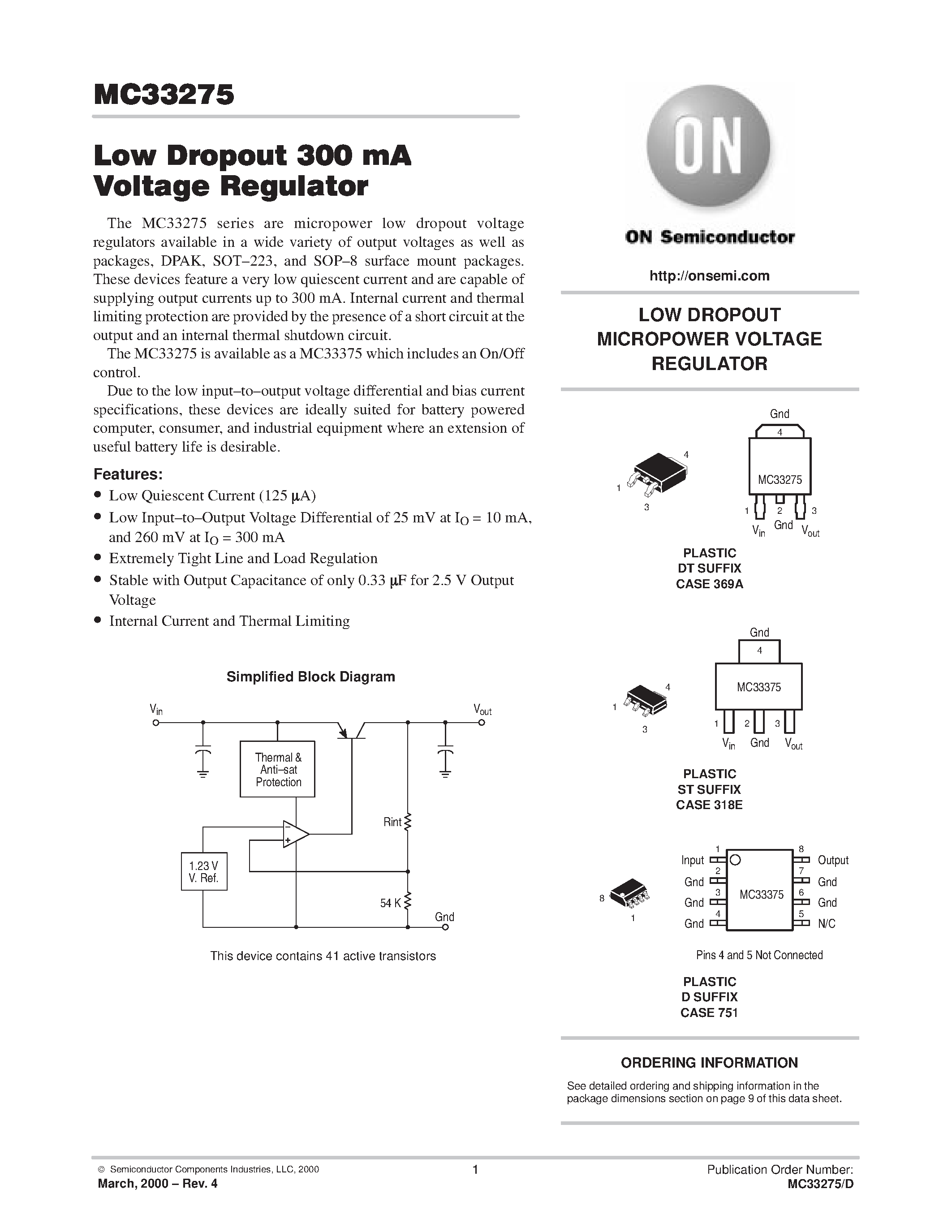 Datasheet MC33275 page 1 Datasheet MC33275 - LOW DROPOUT MICROPOWER VOLTAGE REGULATOR page 1