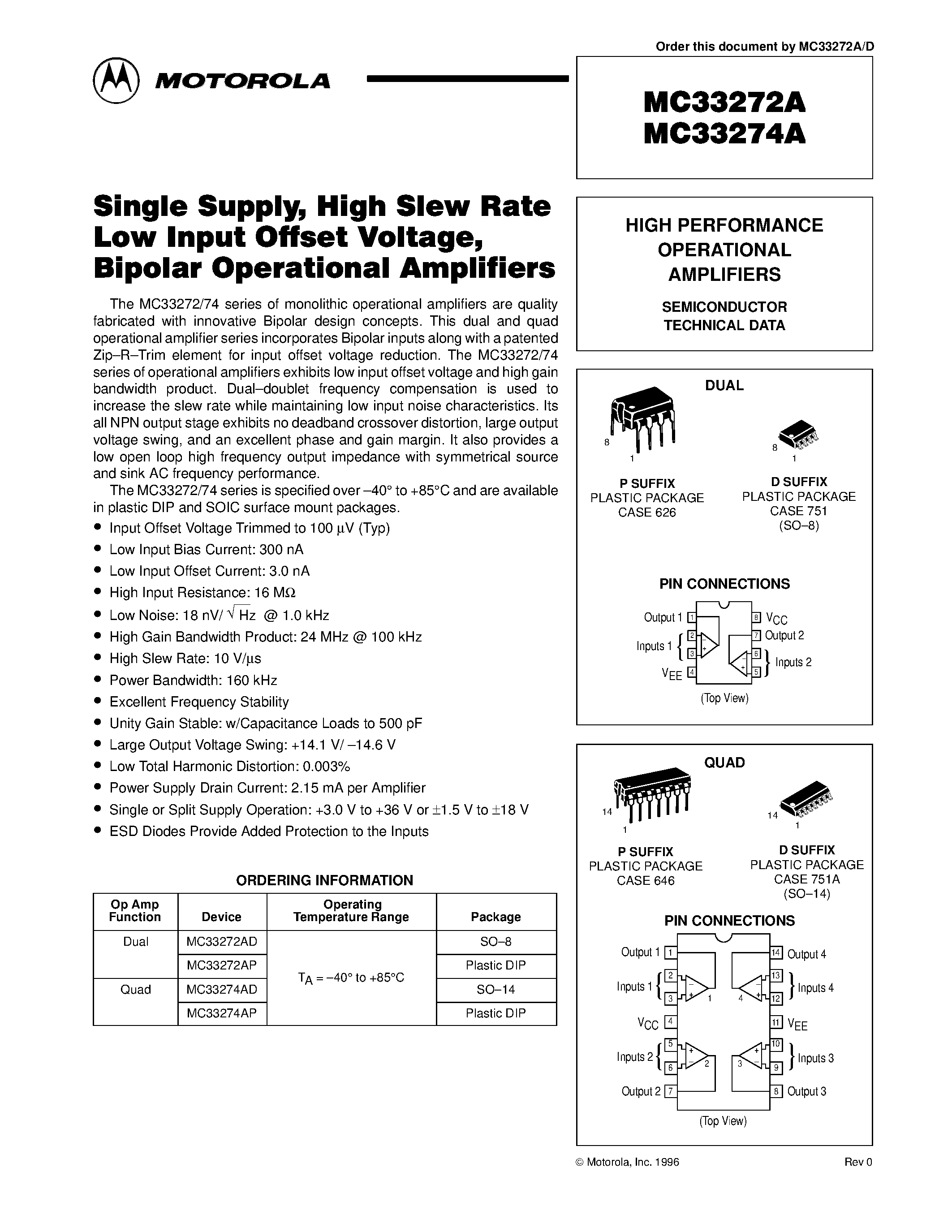 Даташит на микросхему MC33272A страница 1 Даташит MC33272A - HIGH PERFORMANCE OPERATIONAL AMPLIFIERS страница 1