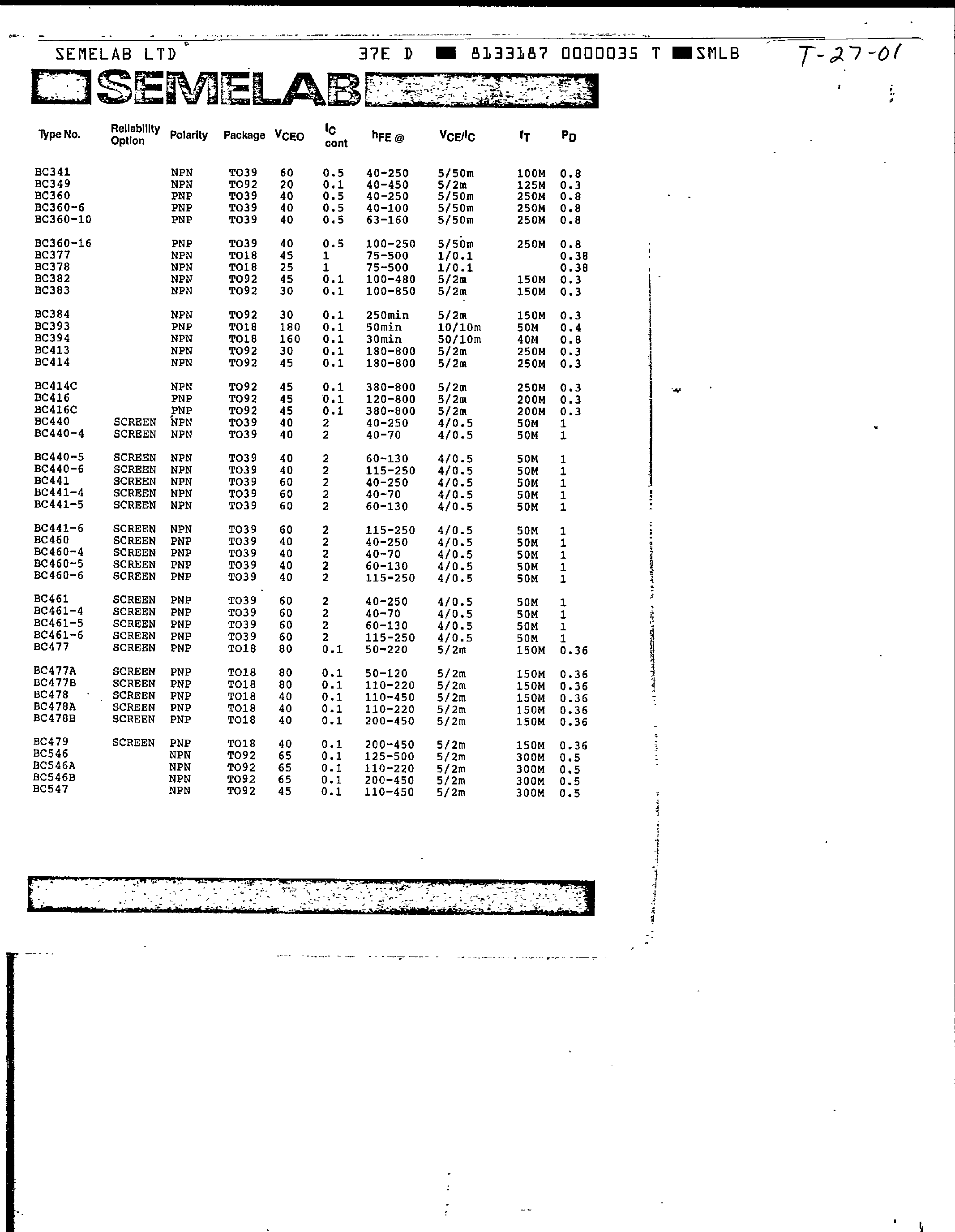 Datasheet BC383 page 1 Datasheet BC383 - Low Level and General Purpose Amplifiers page 1