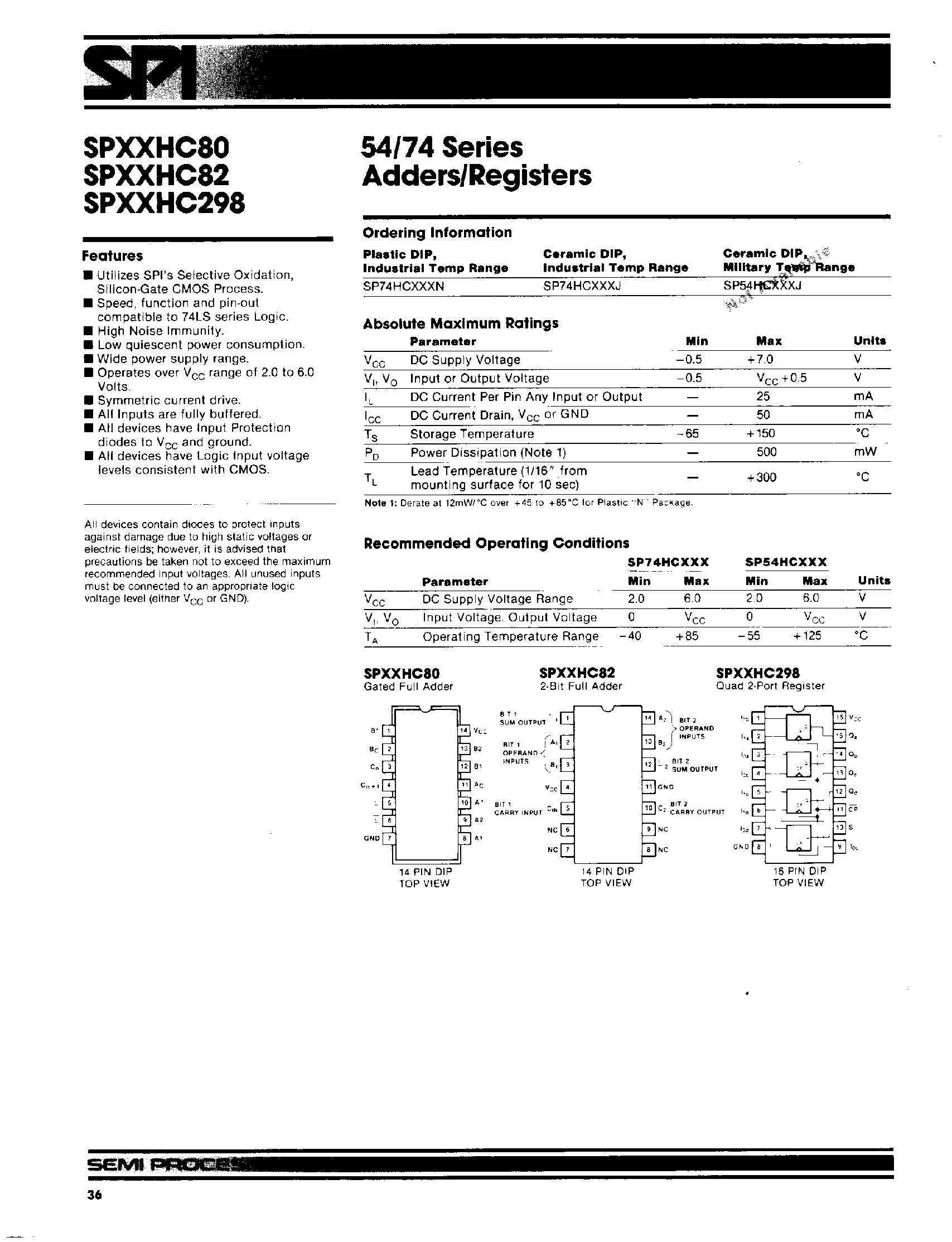 Datasheet SP74HC82 page 1 Datasheet SP74HC82 - Adders / Registers page 1