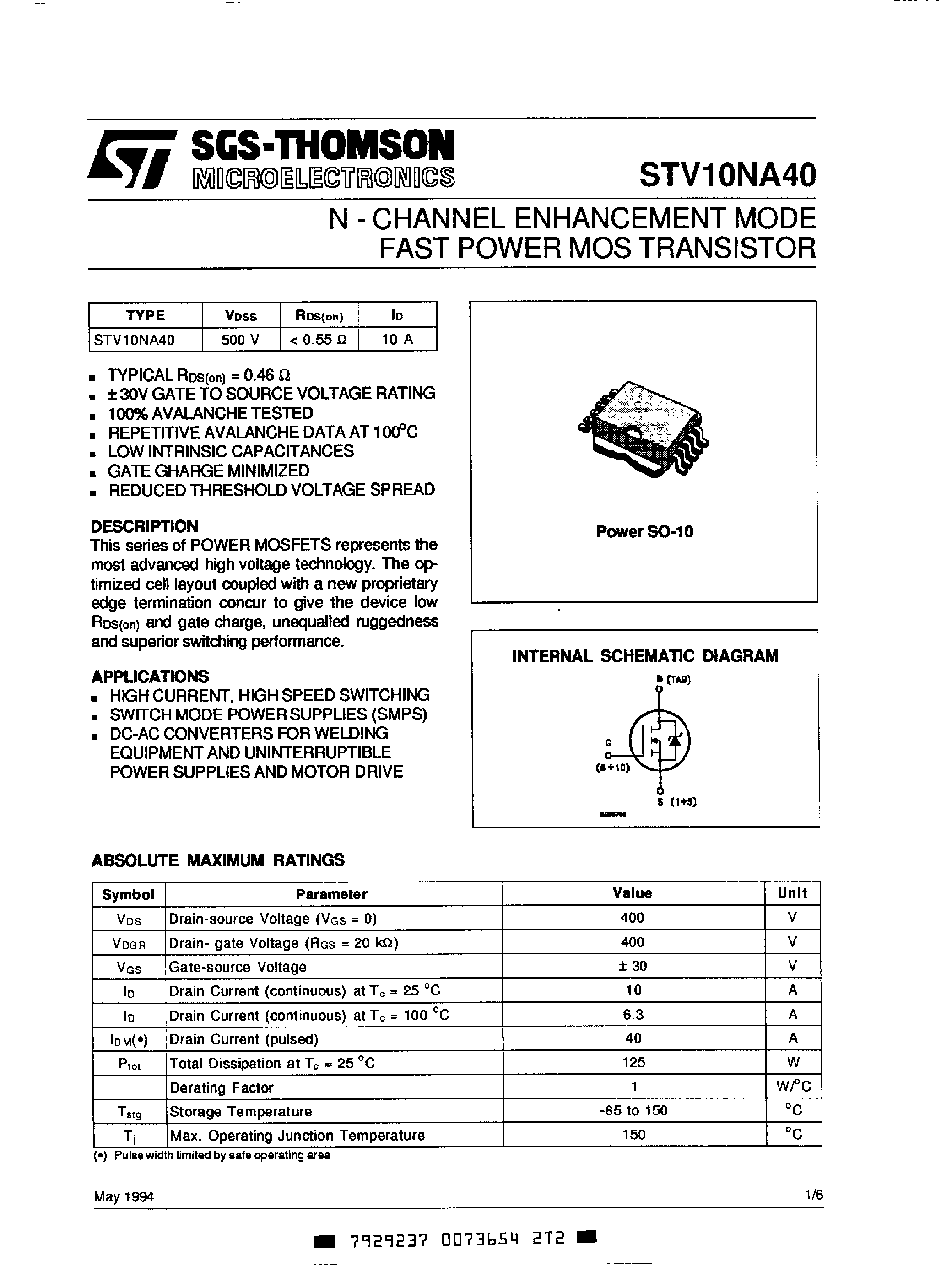 Datasheet STV10NA40 - N Channel Enhancement Mode Fast Power MOS Transistor page 1