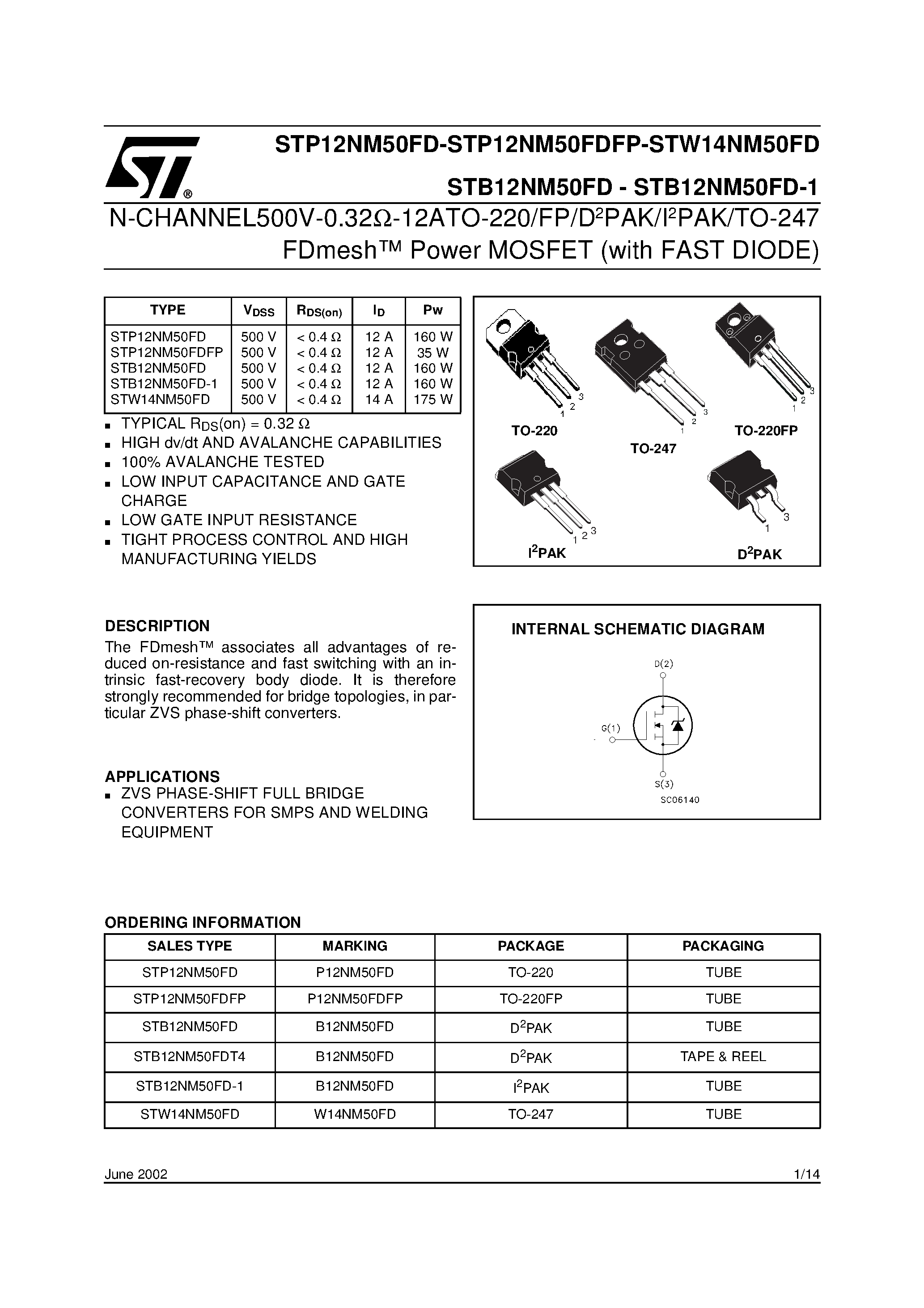 Datasheet STB12NM50FD - N-CHANNEL MOSFET with FAST DIODE page 1