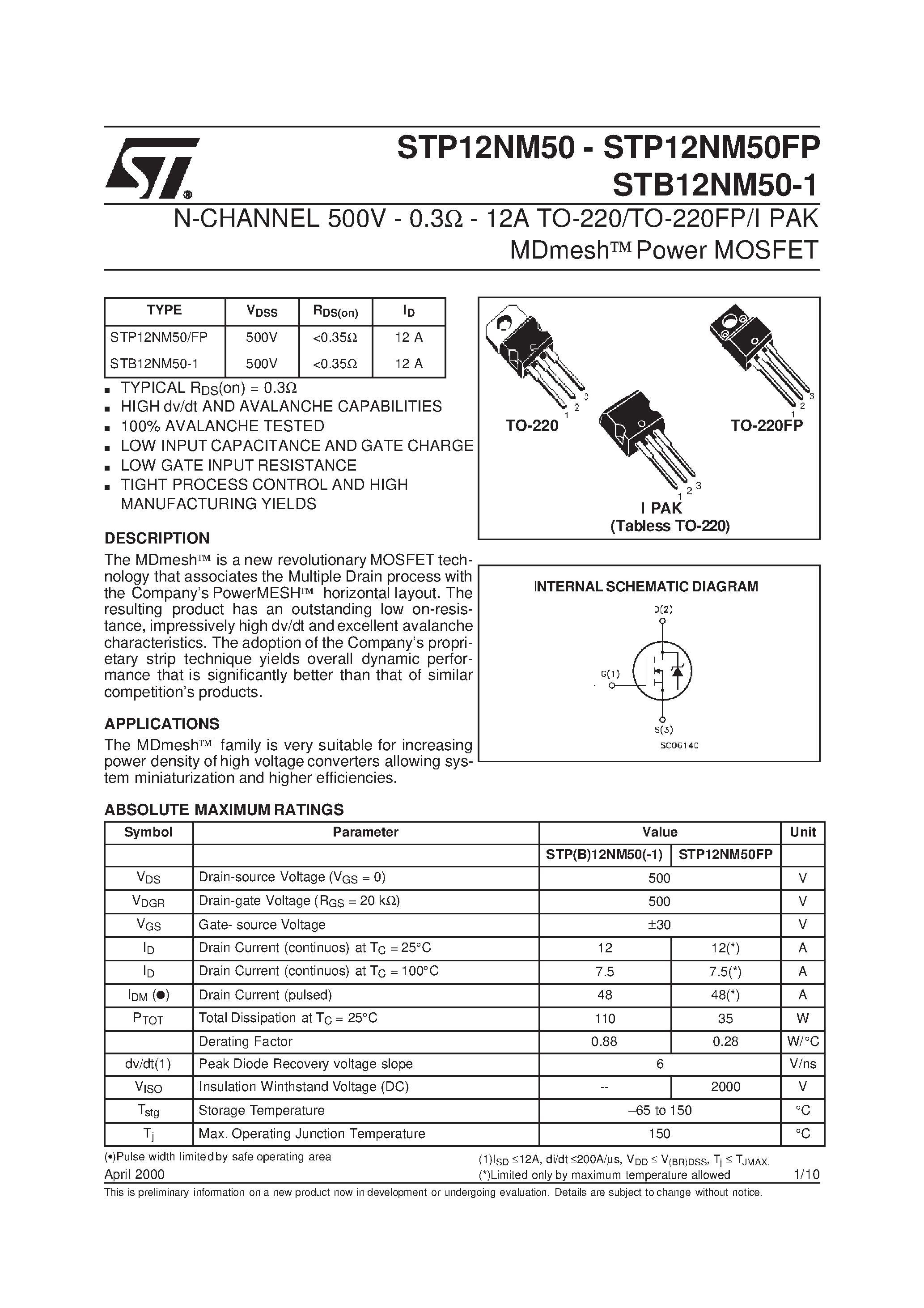 Datasheet STB12NM50-1 - N-CHANNEL MOSFET with FAST DIODE page 1
