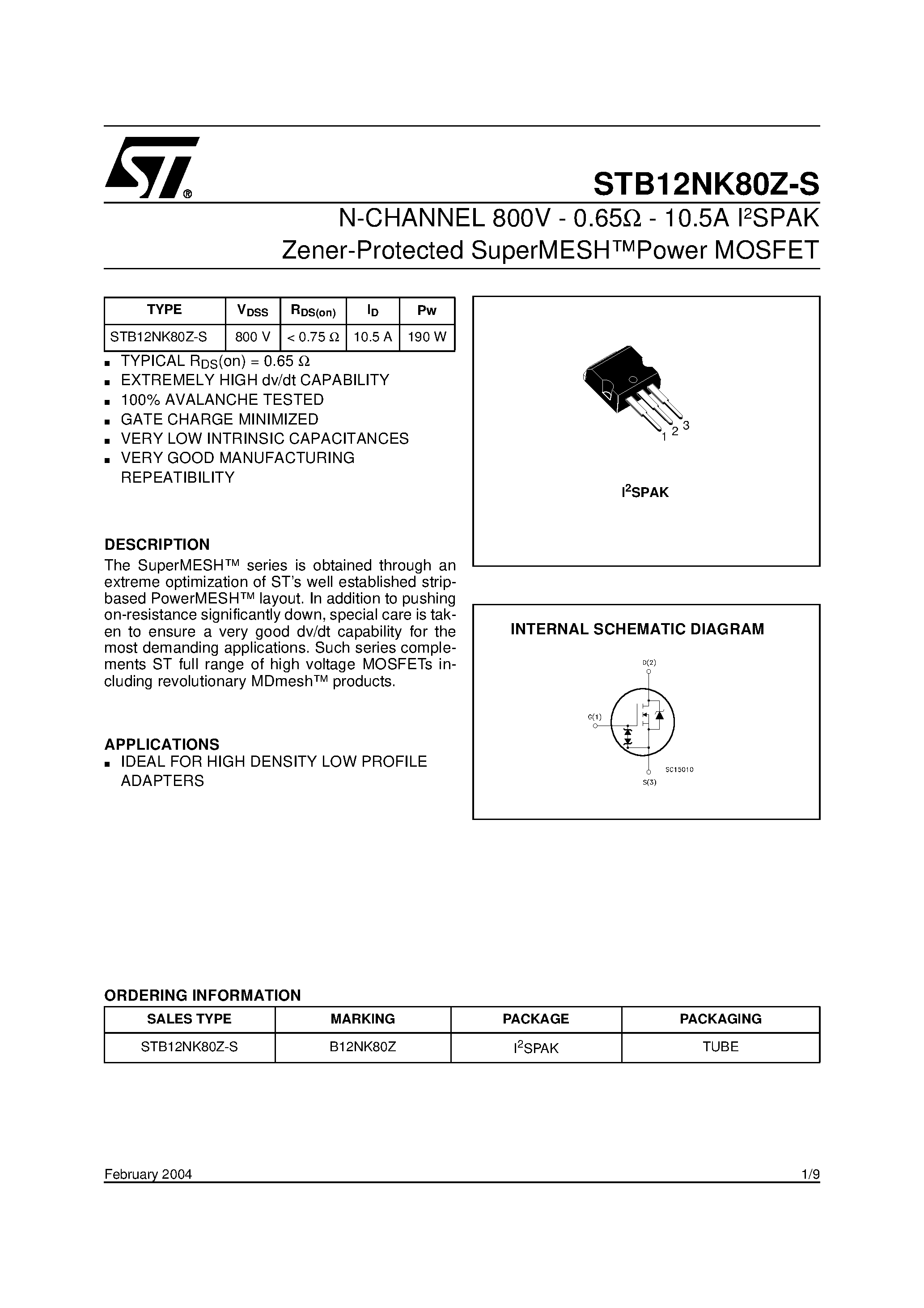 Datasheet STB12NK80Z-S - N-CHANNEL MOSFET with FAST DIODE page 1