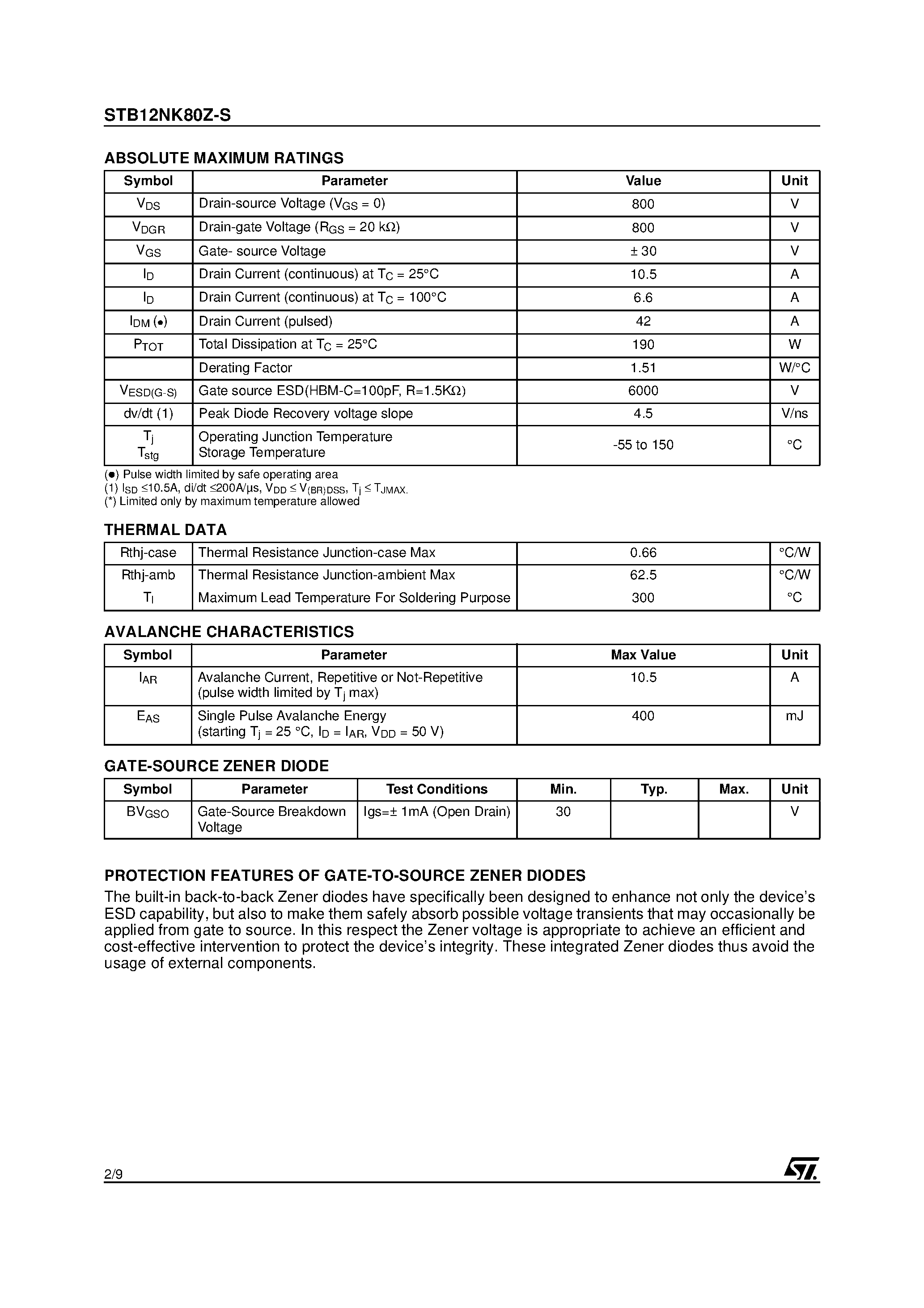 Datasheet STB12NK80Z-S - N-CHANNEL MOSFET with FAST DIODE page 2