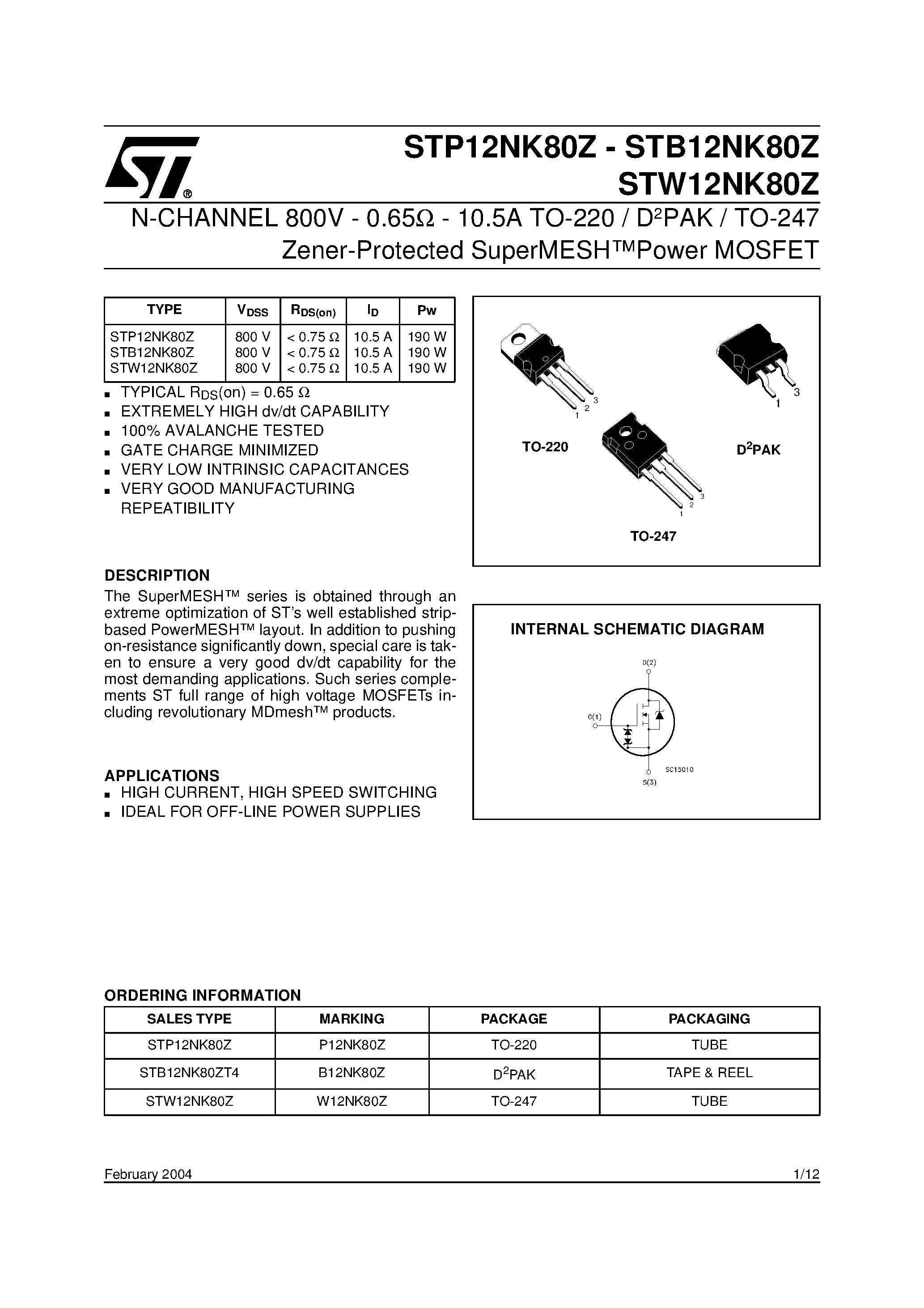 Datasheet STB12NK80Z - N-CHANNEL MOSFET with FAST DIODE page 1