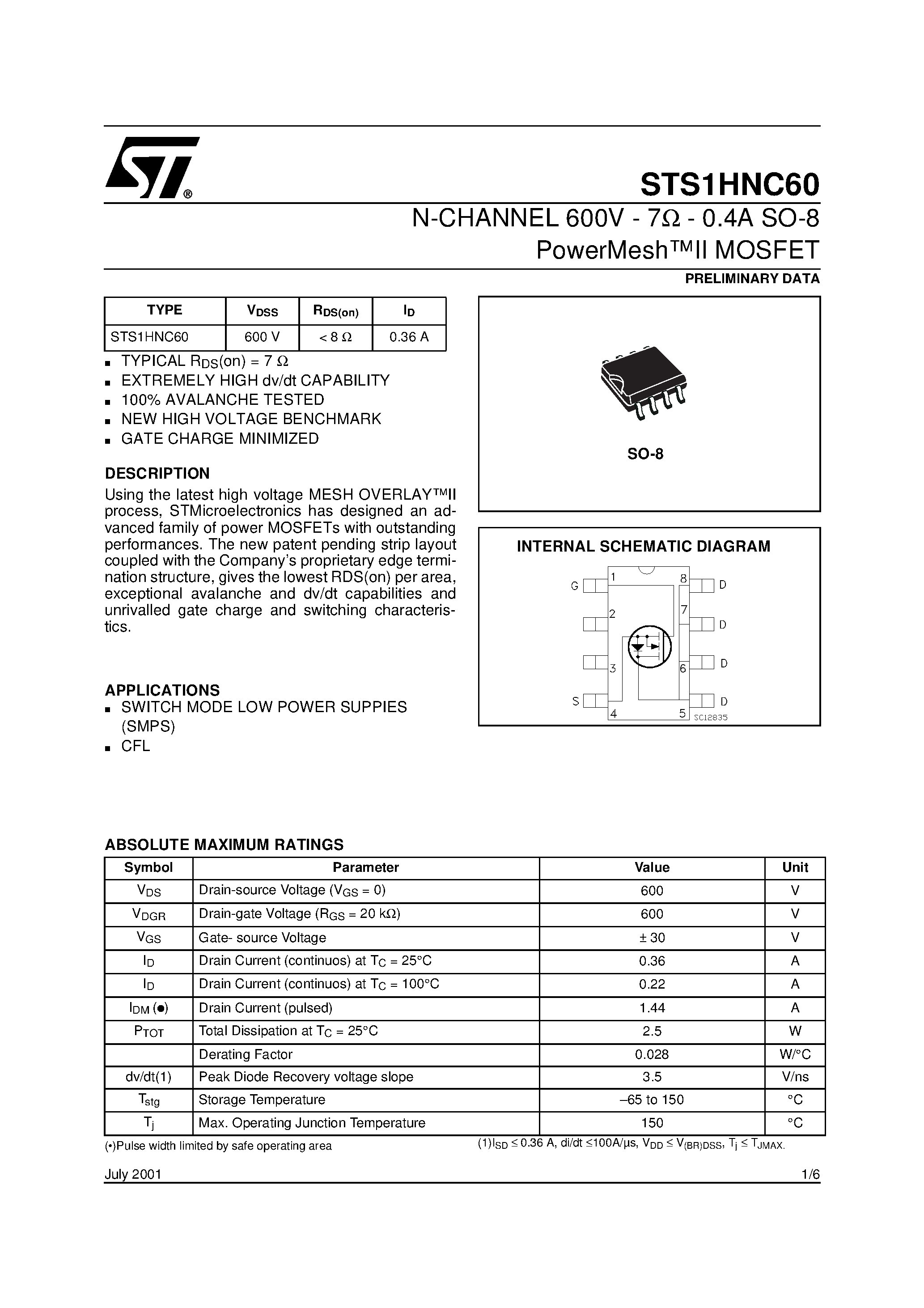 Datasheet STS1HNC60 - N-CHANNEL PowerMESH MOSFET page 1